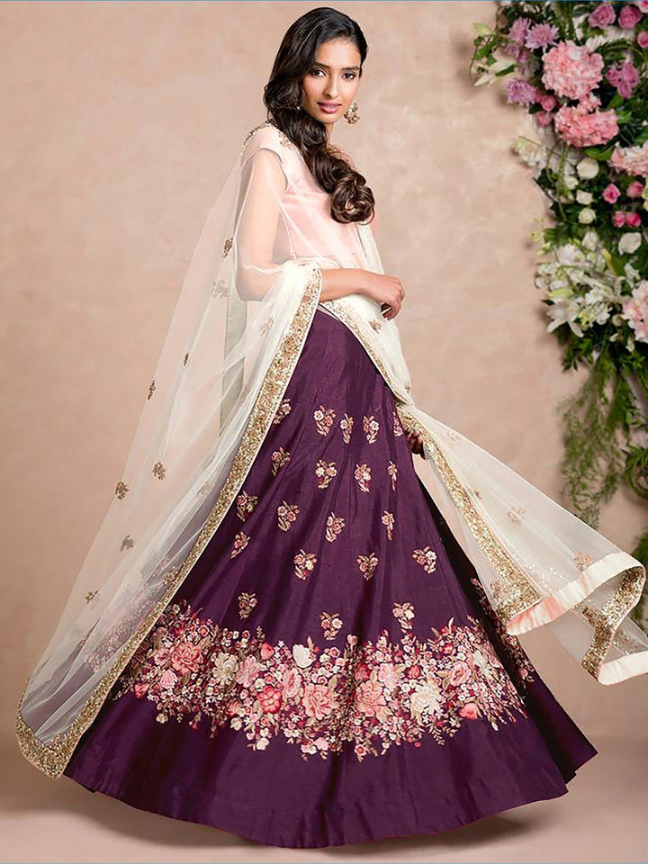 Stunning Purple Colored Floral Embroidered Lehenga Choli