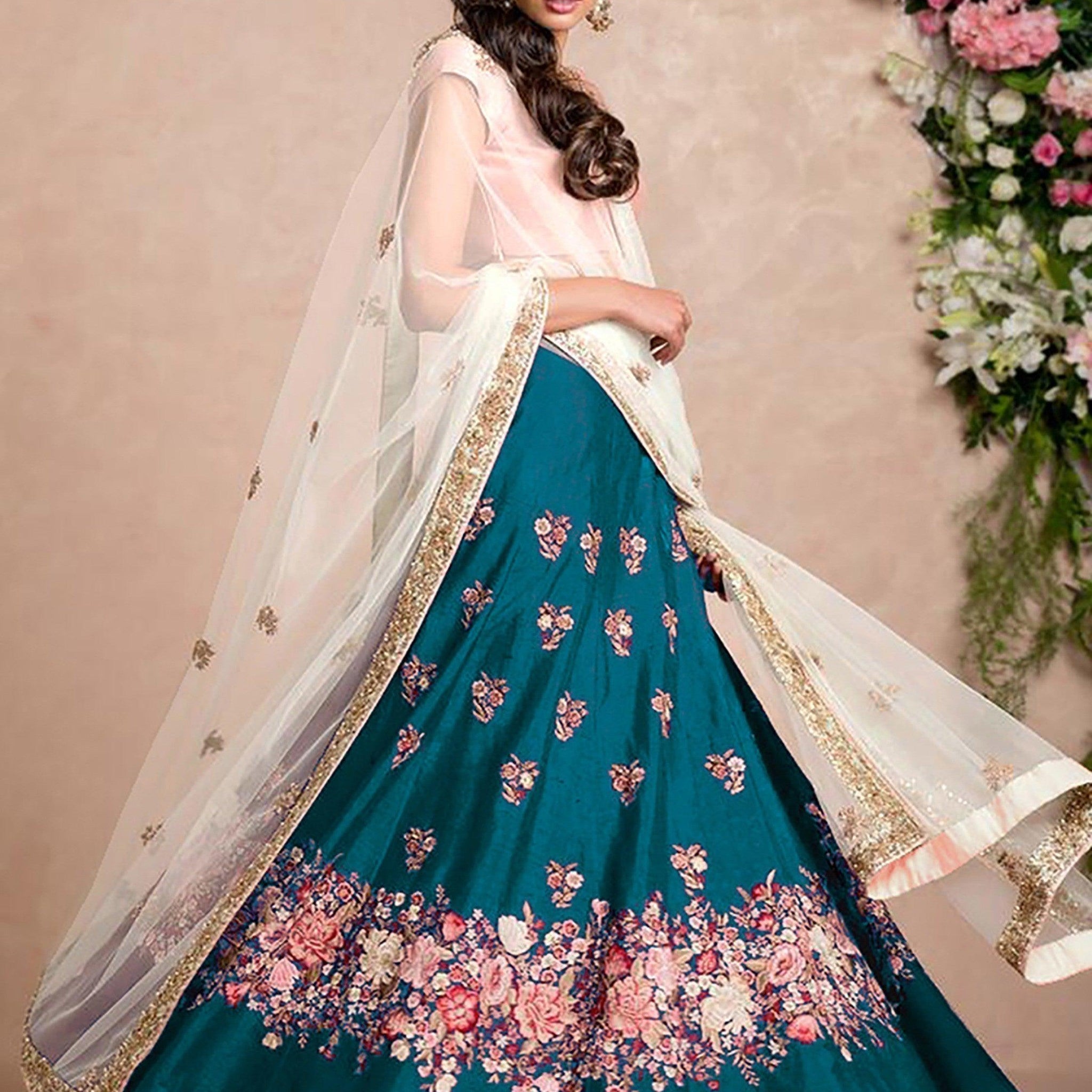 Stunning Rama Colored Floral Embroidered Lehenga Choli