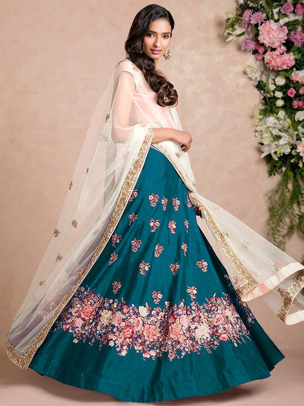 Stunning Rama Colored Floral Embroidered Lehenga Choli