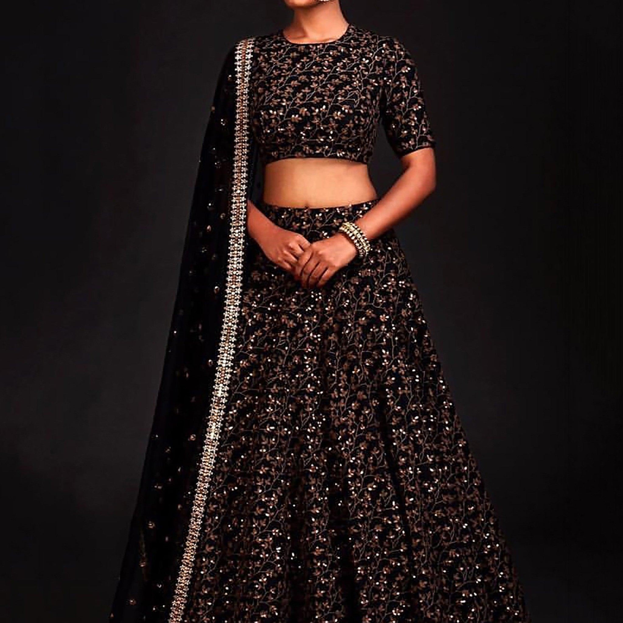 Vine Pattern Golden Sequins Black Silk Lehenga Choli Set