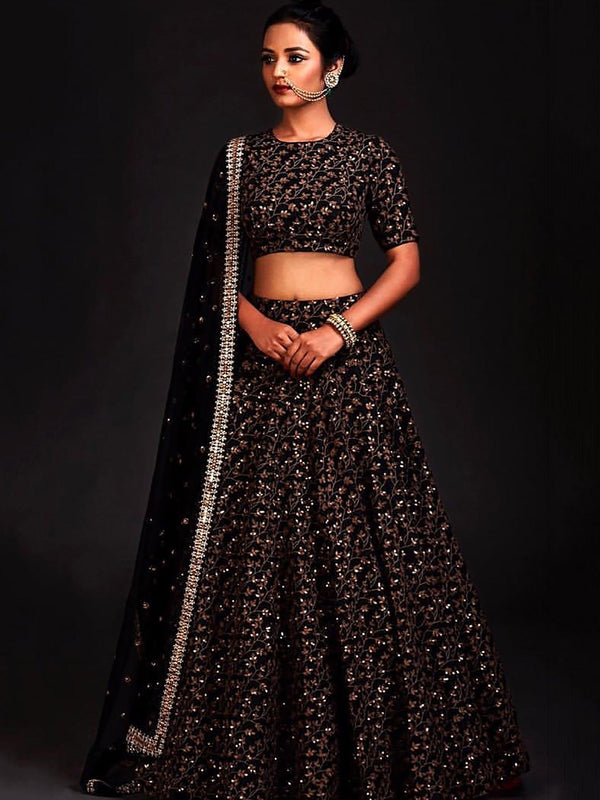 Vine Pattern Golden Sequins Black Silk Lehenga Choli Set