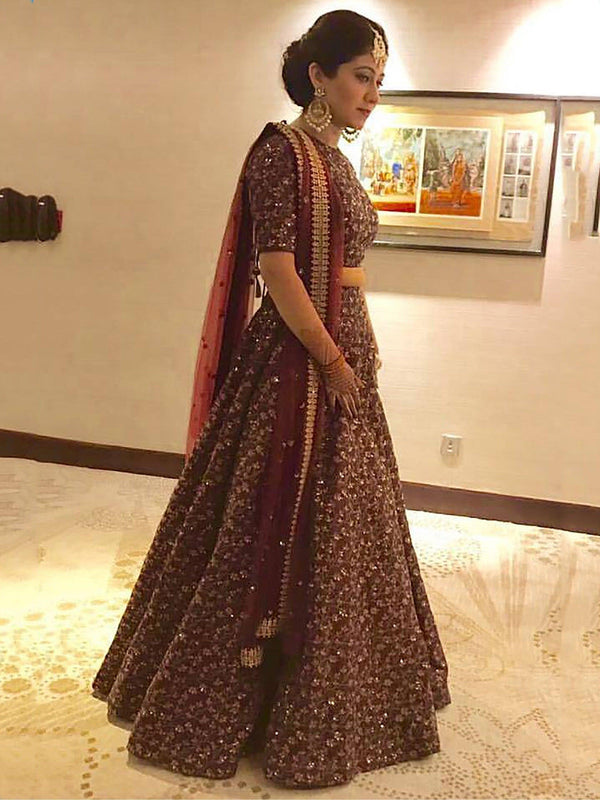 Elegant Maroon Colored Designer Heavy Embroidered Raw Silk Lehenga