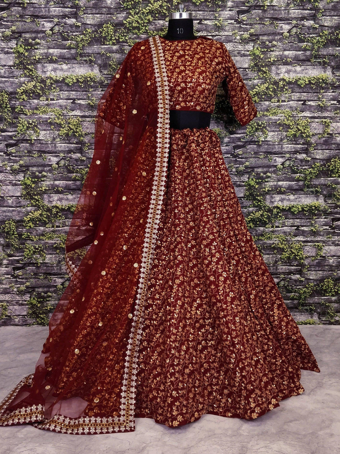 Elegant Maroon Colored Designer Heavy Embroidered Raw Silk Lehenga