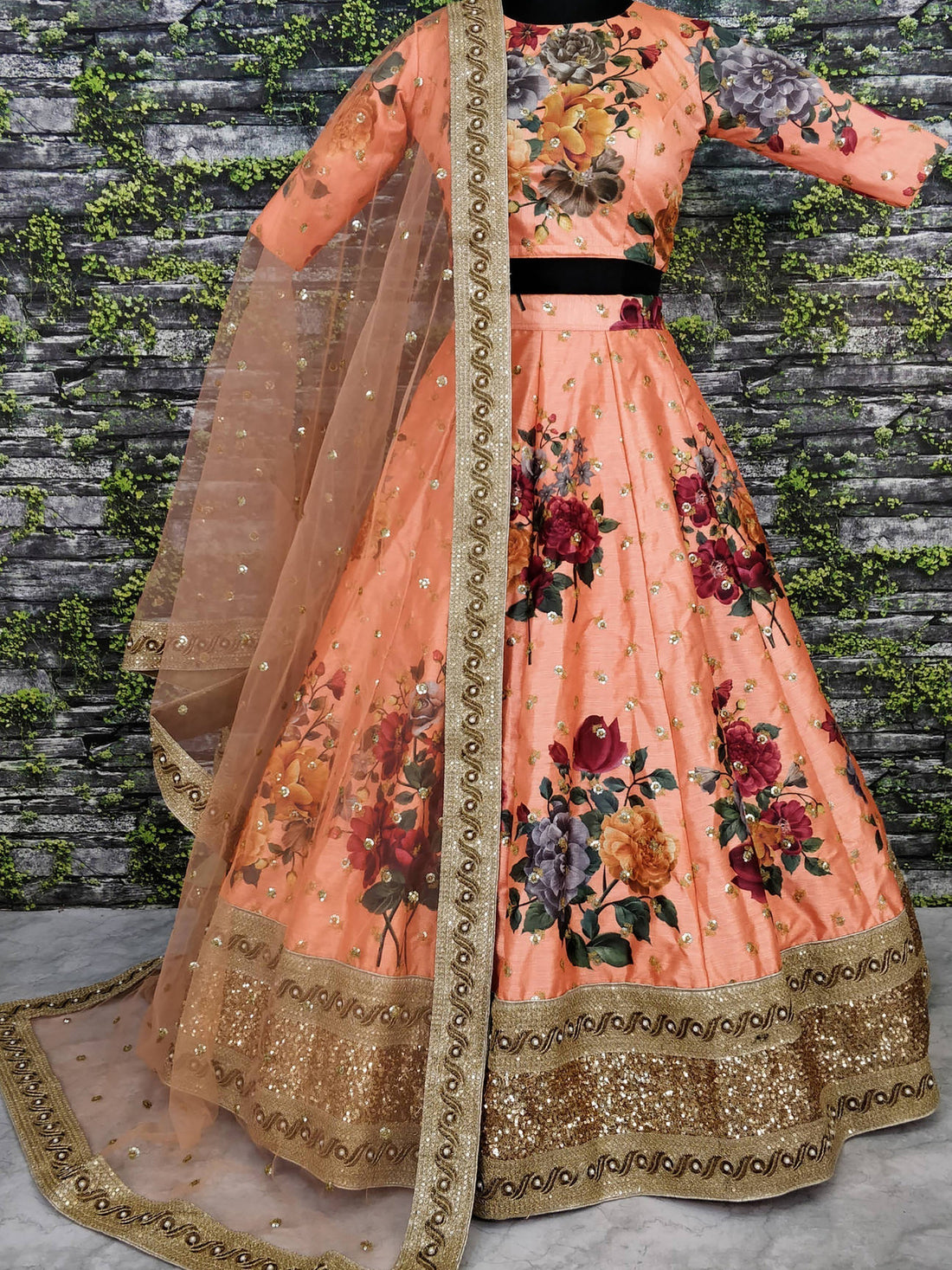 Gorgeous Peach Colored Partywear Designer Embroidered Lehenga Choli