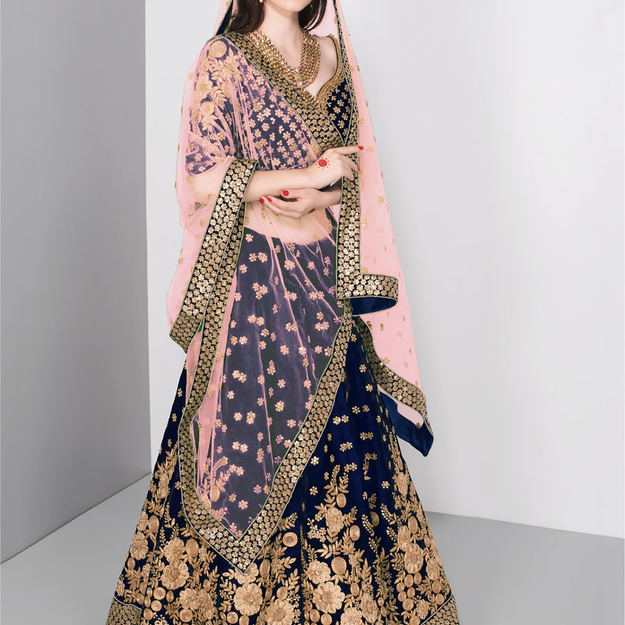 Stunning Navy Blue Colored Partywear Embroidered Lehenga Choli