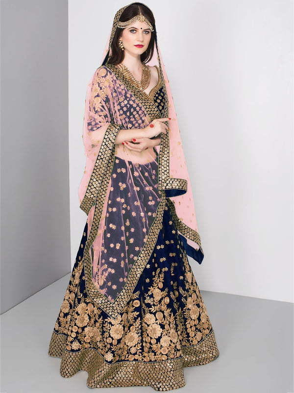Stunning Navy Blue Colored Partywear Embroidered Lehenga Choli