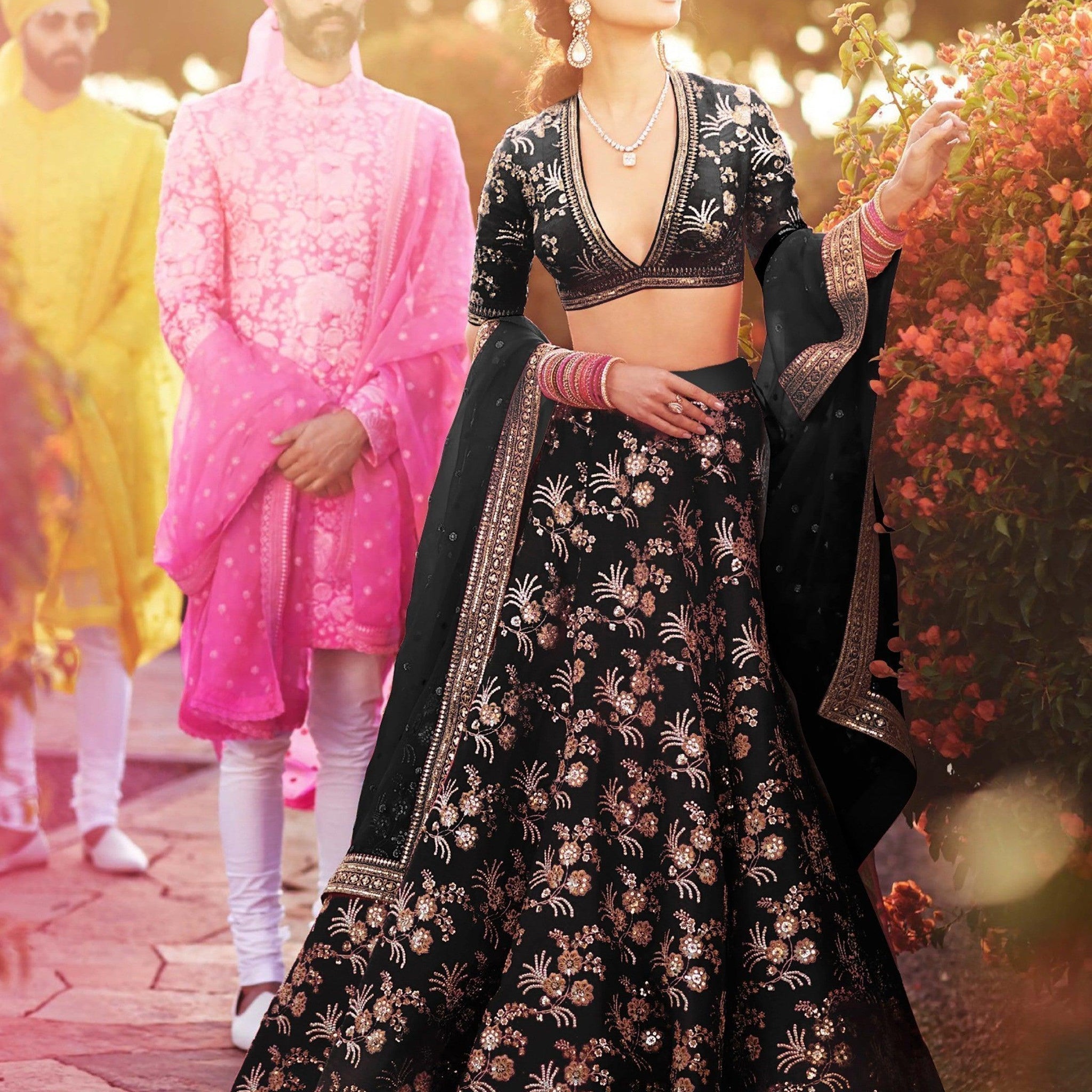 Hypnotic Black Colored Wedding Wear Embroidered Satin Lehenga Choli