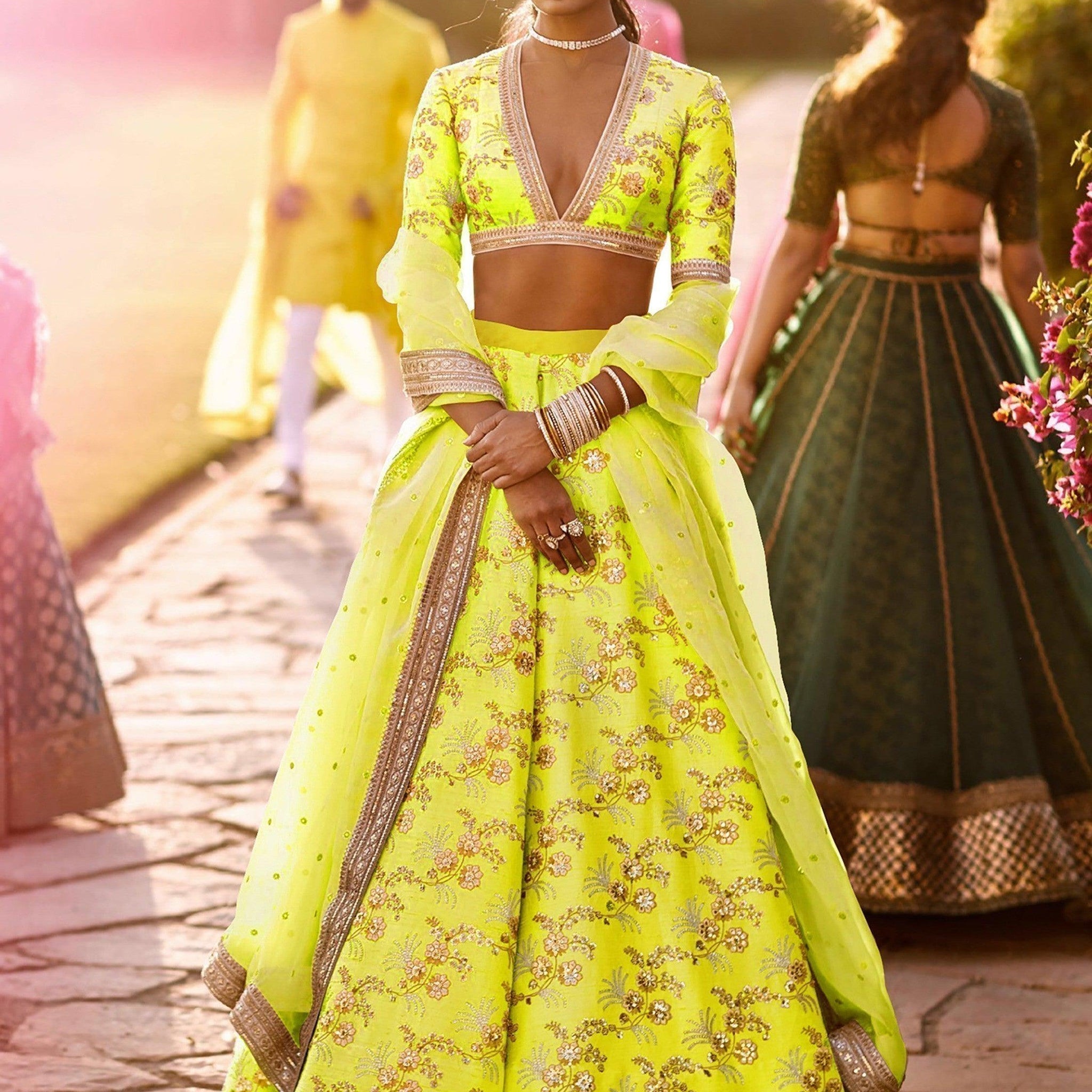 Hypnotic Neon Colored Wedding Wear Embroidered Satin Lehenga Choli