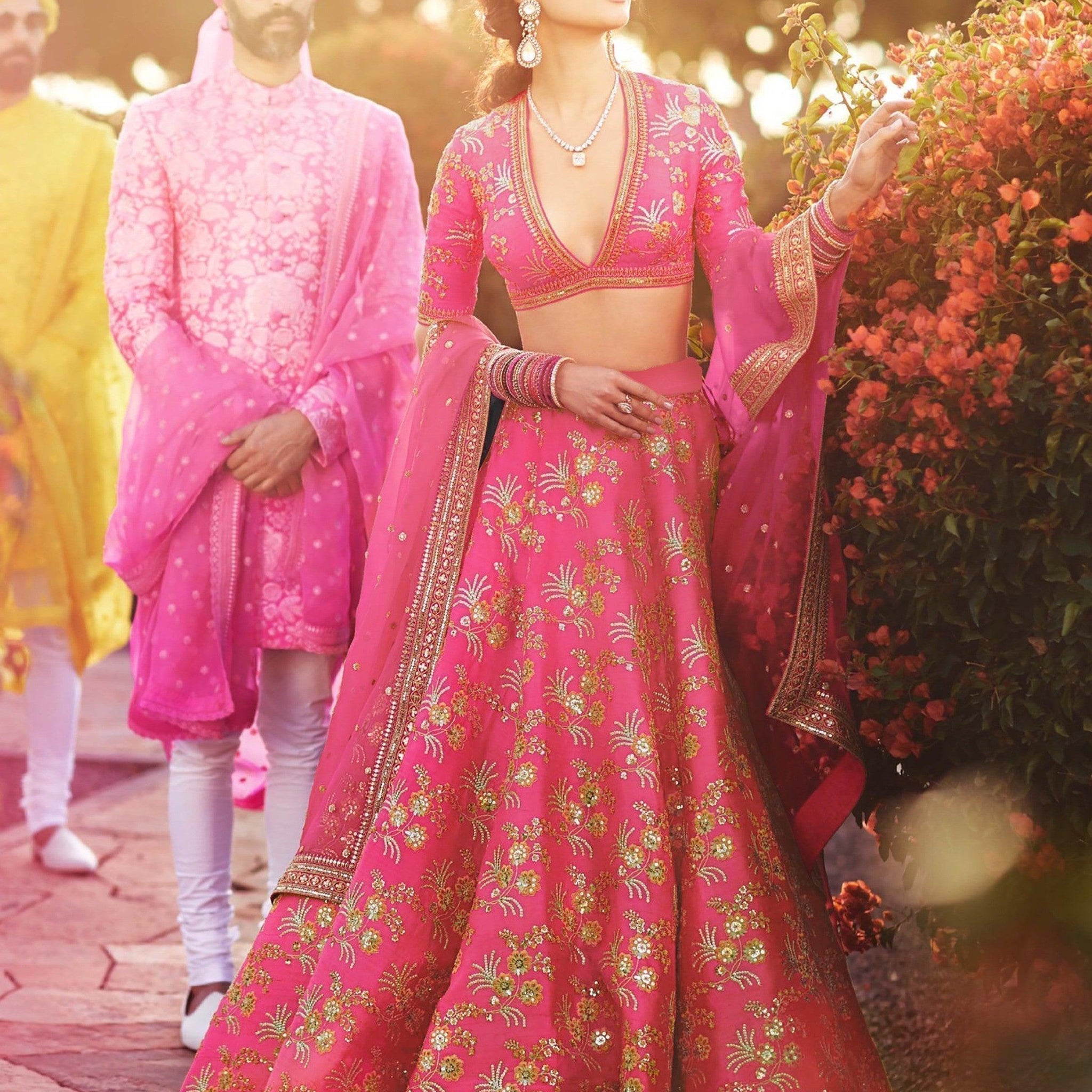 Hypnotic Pink Colored Wedding Wear Embroidered Satin Lehenga Choli