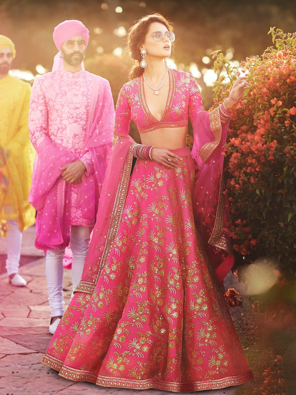Hypnotic Pink Colored Wedding Wear Embroidered Satin Lehenga Choli
