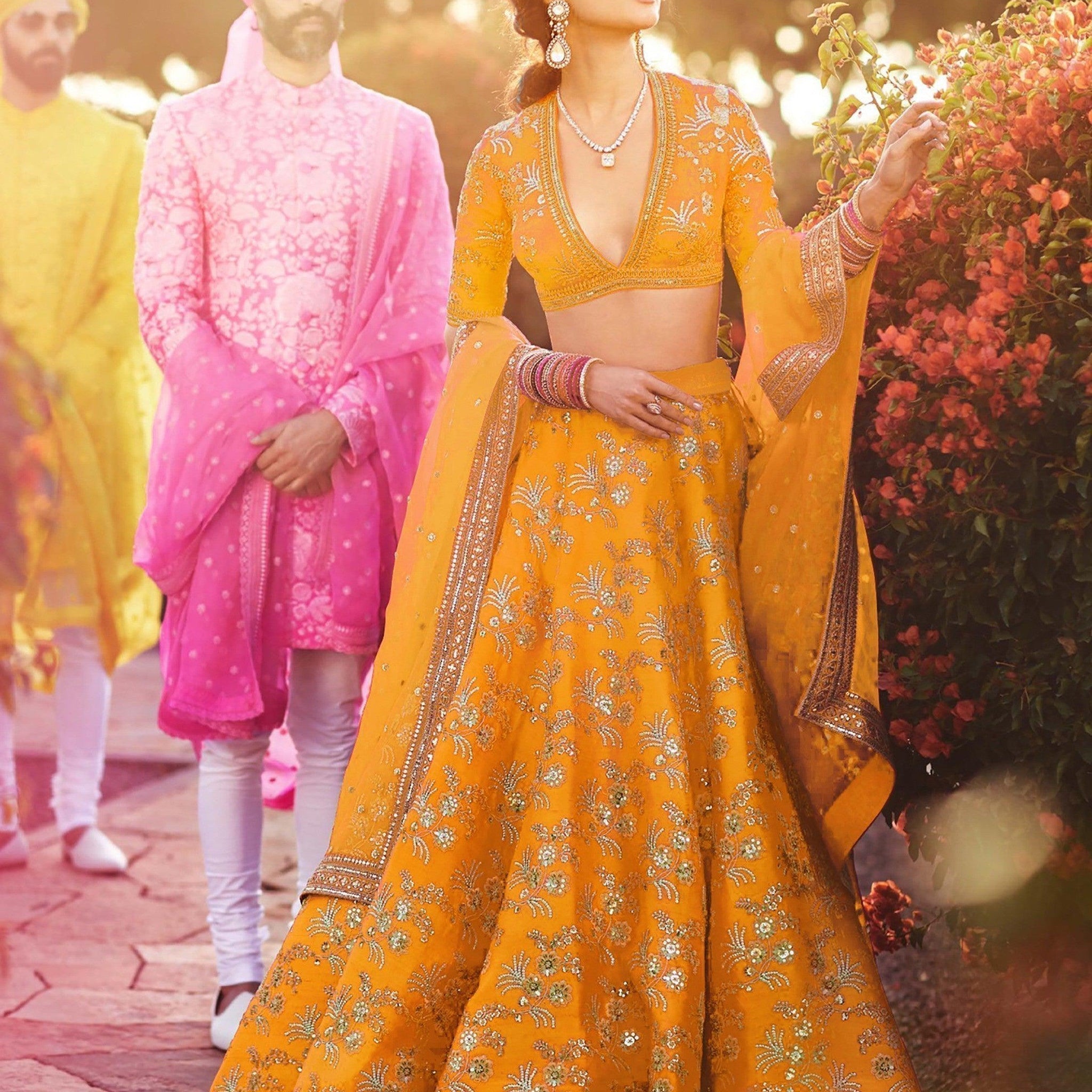 Hypnotic Yellow Colored Wedding Wear Embroidered Satin Lehenga Choli