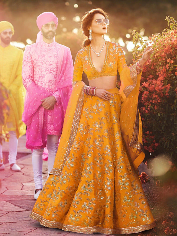 Hypnotic Yellow Colored Wedding Wear Embroidered Satin Lehenga Choli