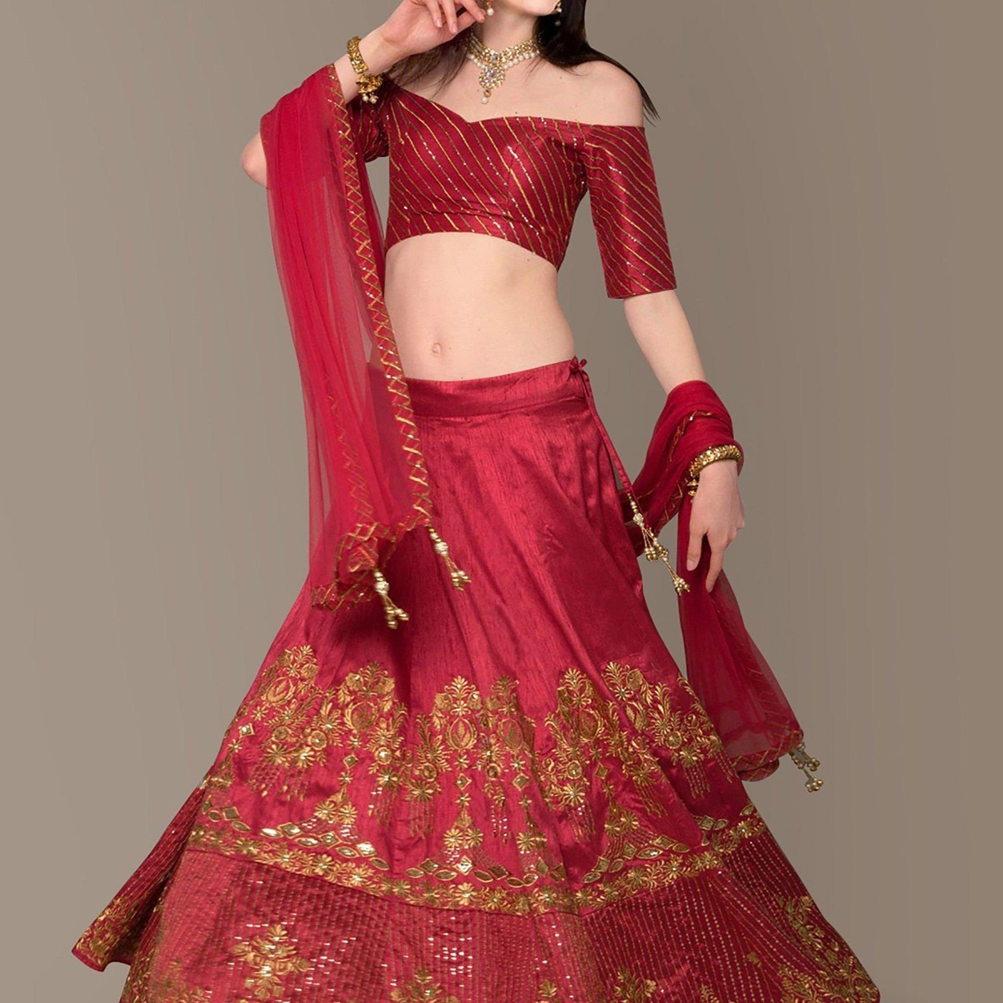 Sophisticated Red Colored Party wear Embroidered Lehenga Choli