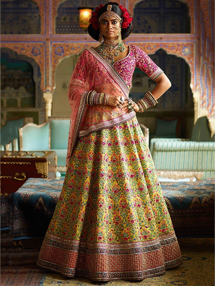 Flamboyant Yellow-Pink Colored Bridal wear Embroidered Lehenga Choli