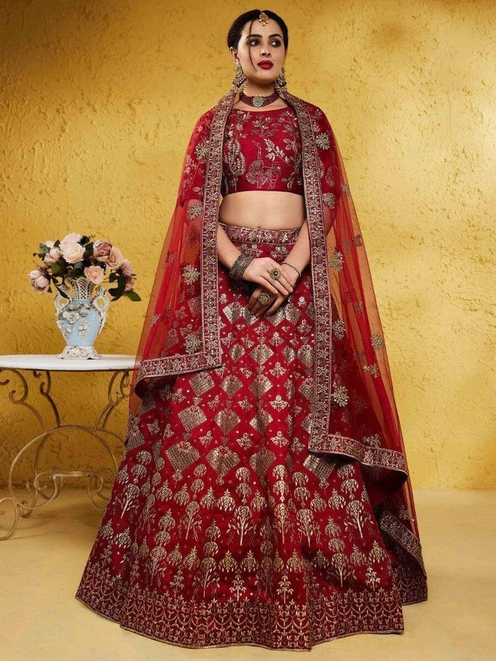 Beautiful Red Embroidered Silk Wedding Wear Lehenga Choli With Dupatta