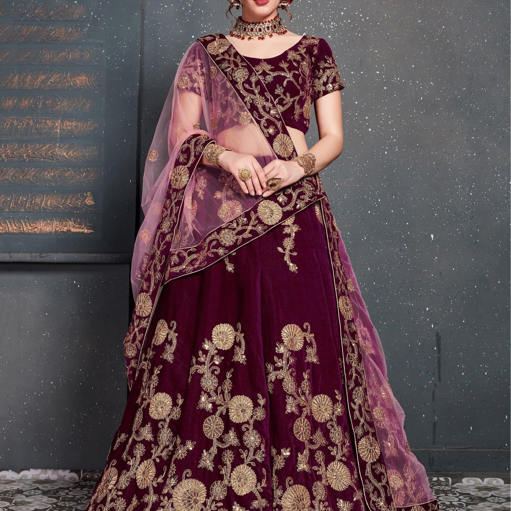 Purple Embroidered Velvet Bridal Lehenga Choli