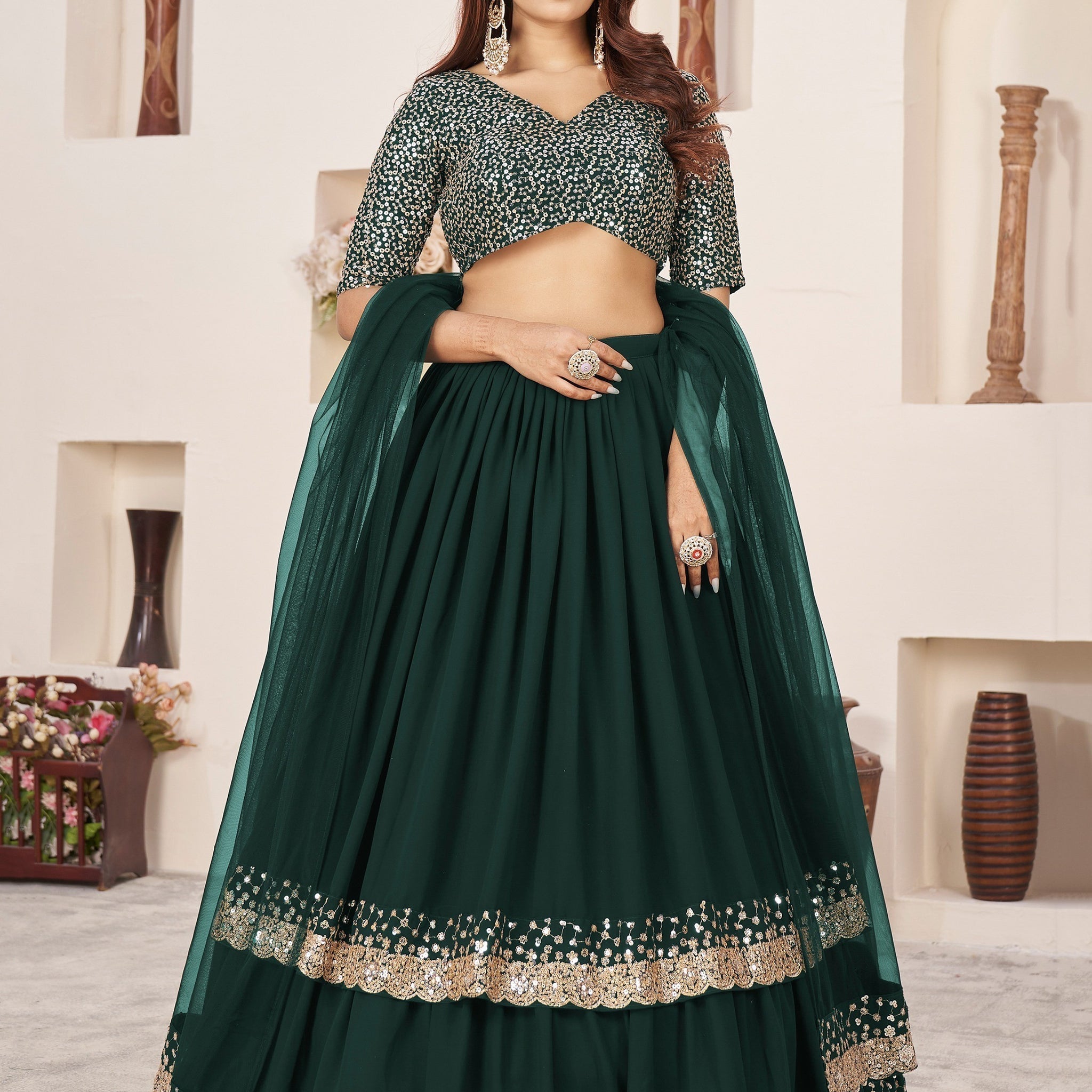 Dazzling Green Sequins Georgette Wedding Wear Lehenga Choli