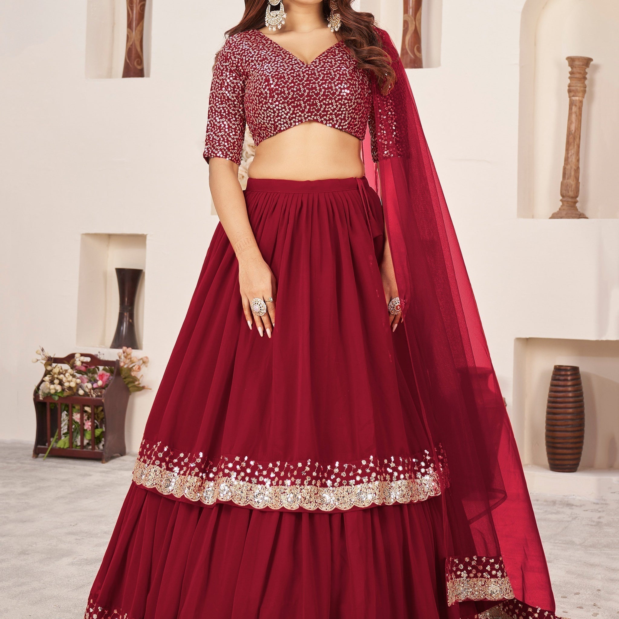 Beautiful Red Sequins Georgette Engagement Wear Lehenga Choli