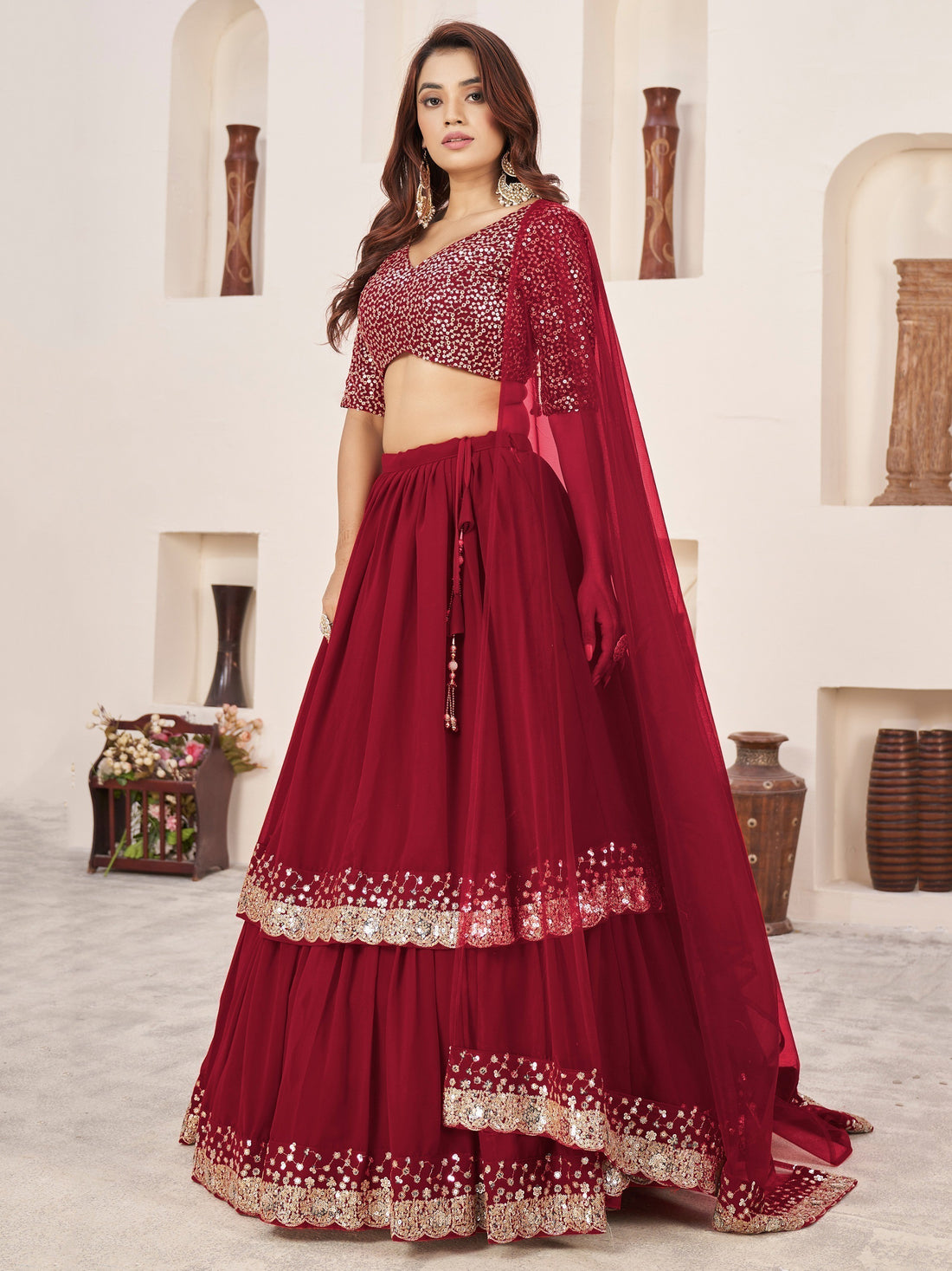 Beautiful Red Sequins Georgette Engagement Wear Lehenga Choli