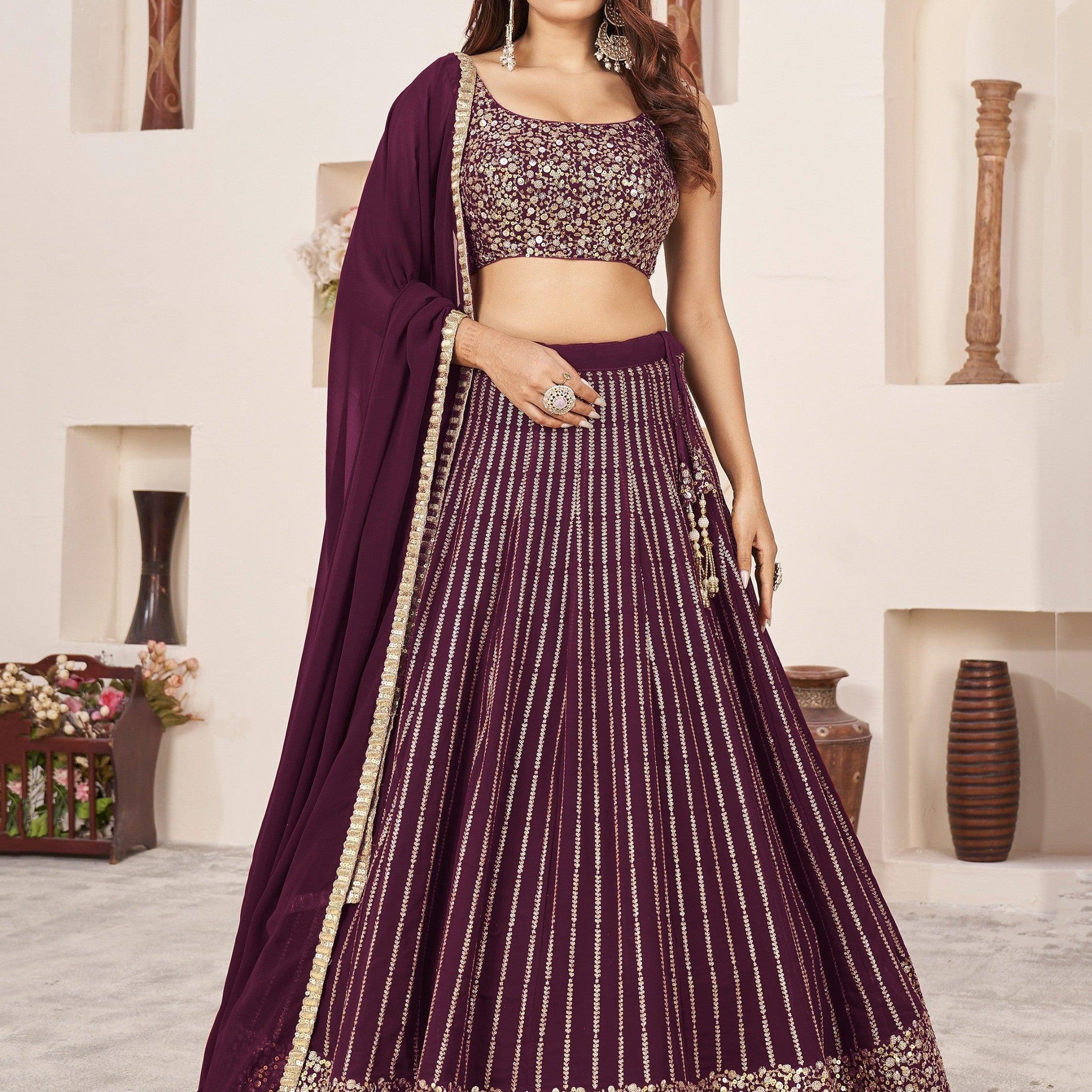 Fabulous Wine Sequins Georgette Reception Wear Lehenga Choli