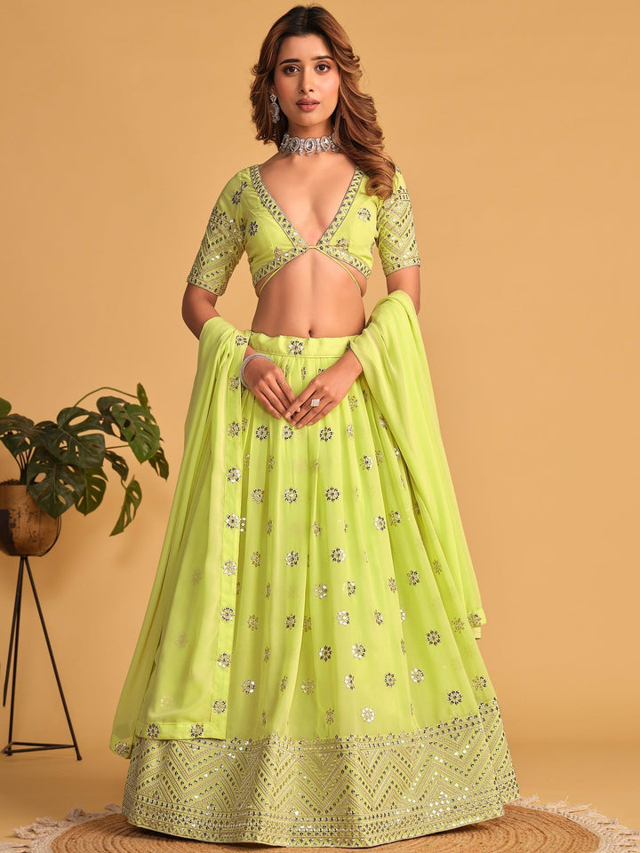 Ravished Lime Green Embroidered Georgette Traditional Lehenga Choli