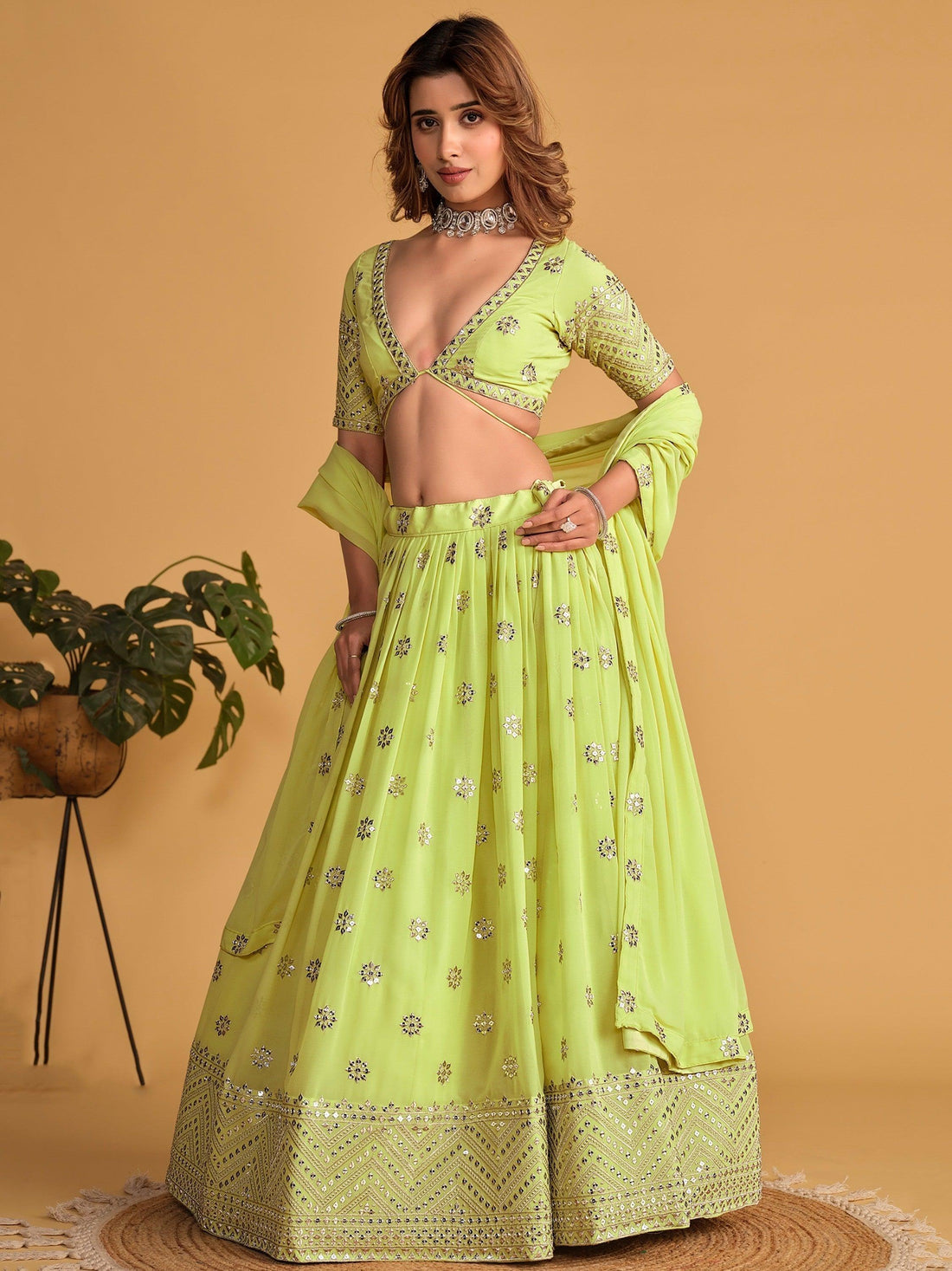 Ravished Lime Green Embroidered Georgette Traditional Lehenga Choli