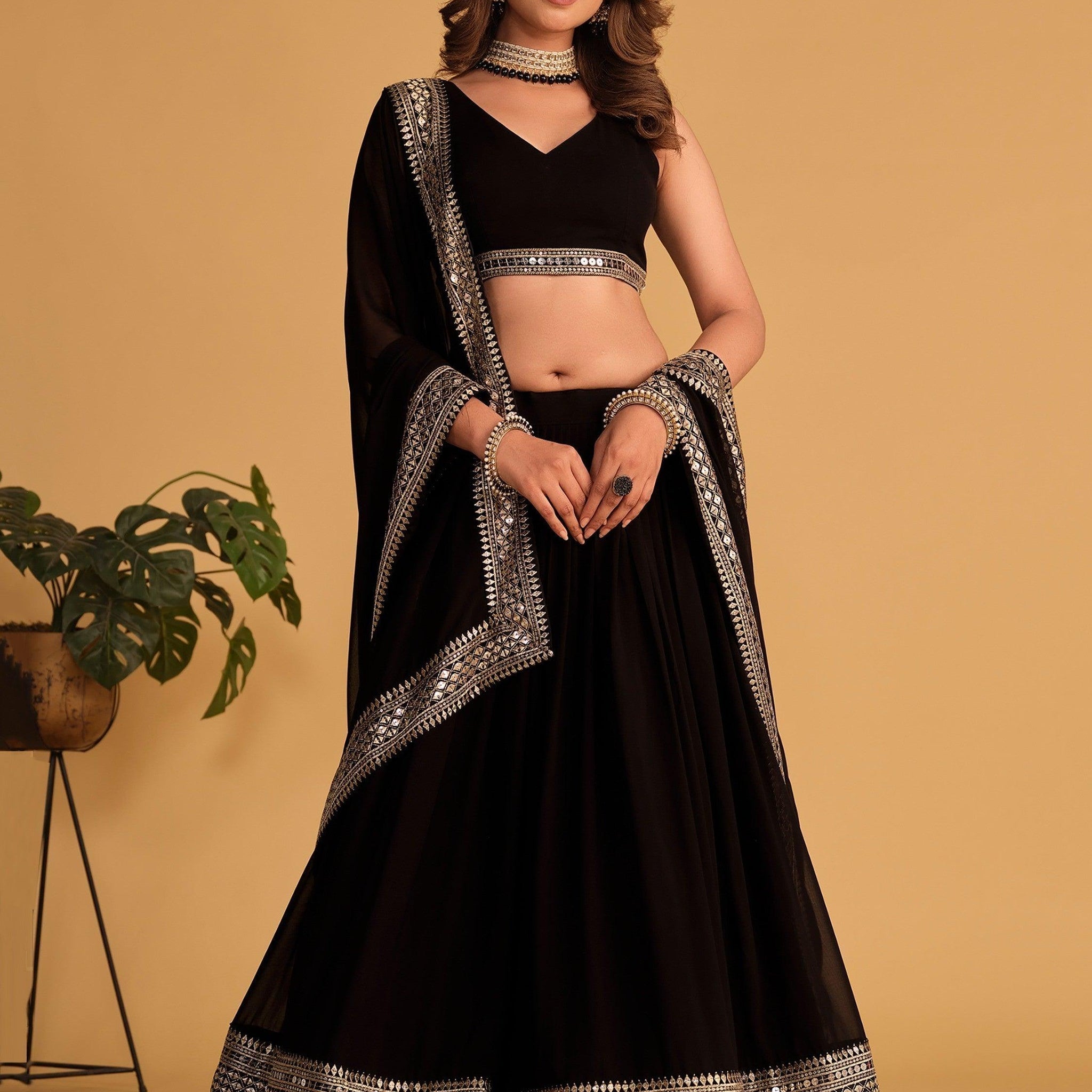Attractive Black Embroidered Georgette Party Wear Lehenga Choli