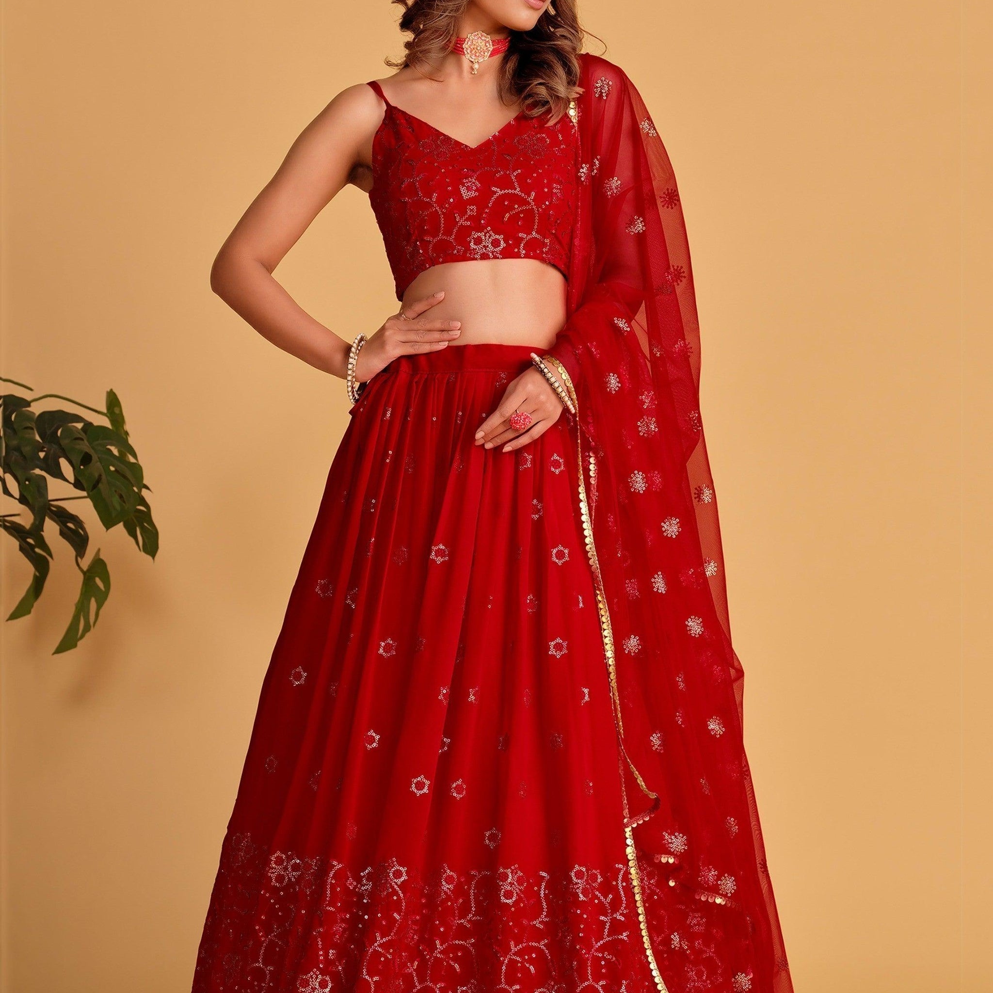 Spectacular Red Sequins Georgette Reception Wear Lehenga Choli