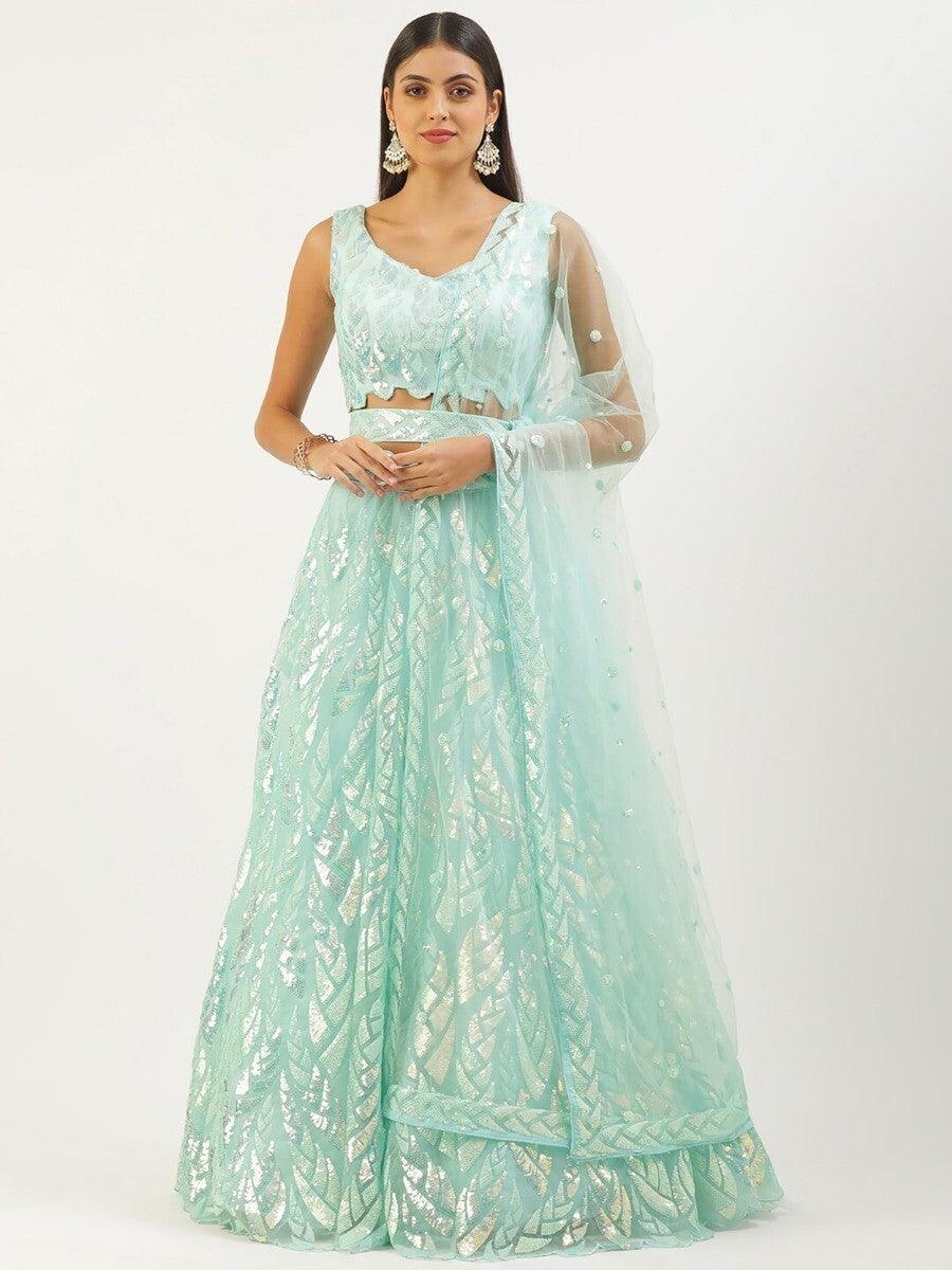 Attractive Sky Blue Sequins Net Designer Lehenga Choli With Dupatta