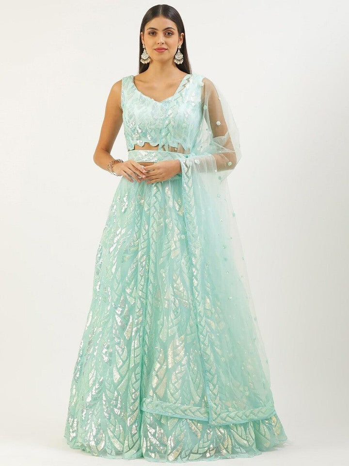 Attractive Sky Blue Sequins Net Designer Lehenga Choli With Dupatta
