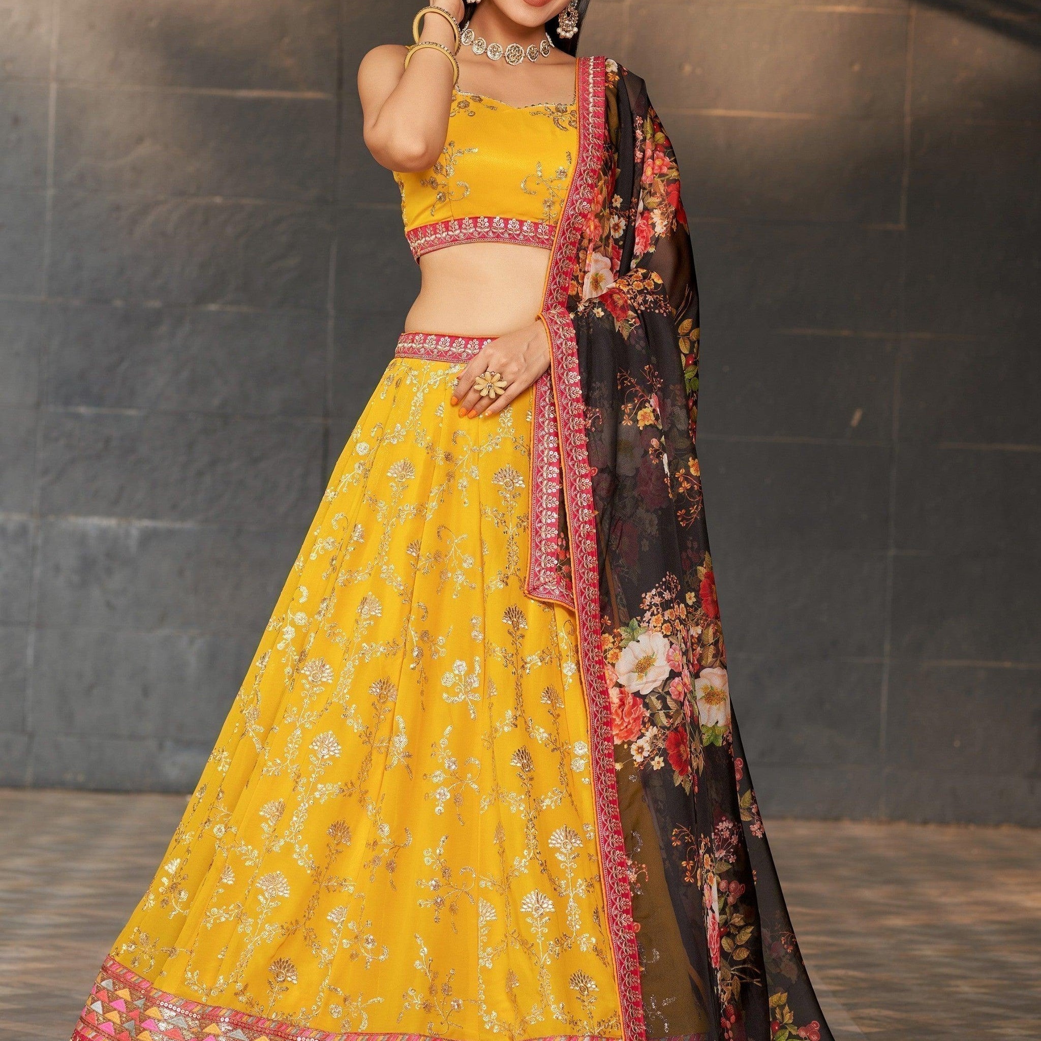 Awesome Yellow Sequins Georgette Haldi Wear Lehenga Choli