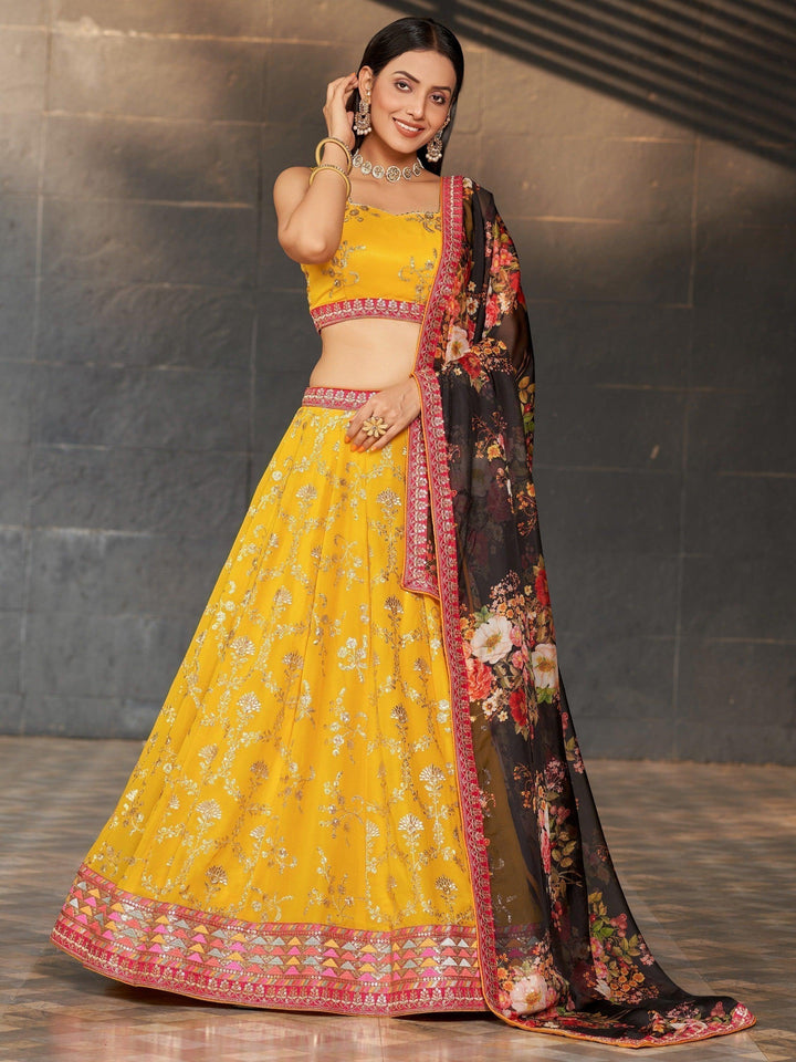 Awesome Yellow Sequins Georgette Haldi Wear Lehenga Choli
