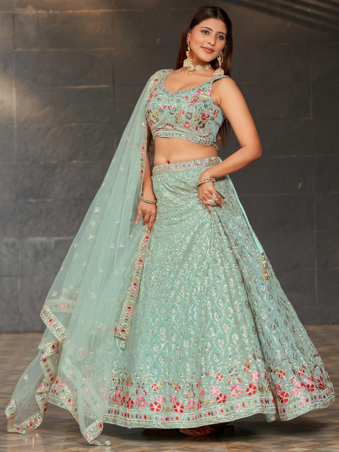 Gorgeous Sky-Blue Sequins Georgette Reception Wear Lehenga Choli