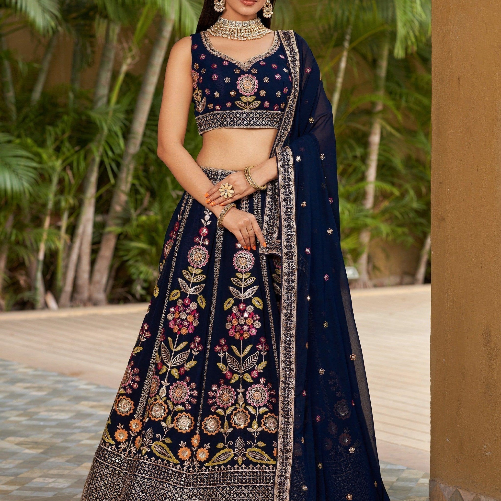 Wonderful Navy-Blue Multi-Thread Embroidered Georgette Lehenga Choli