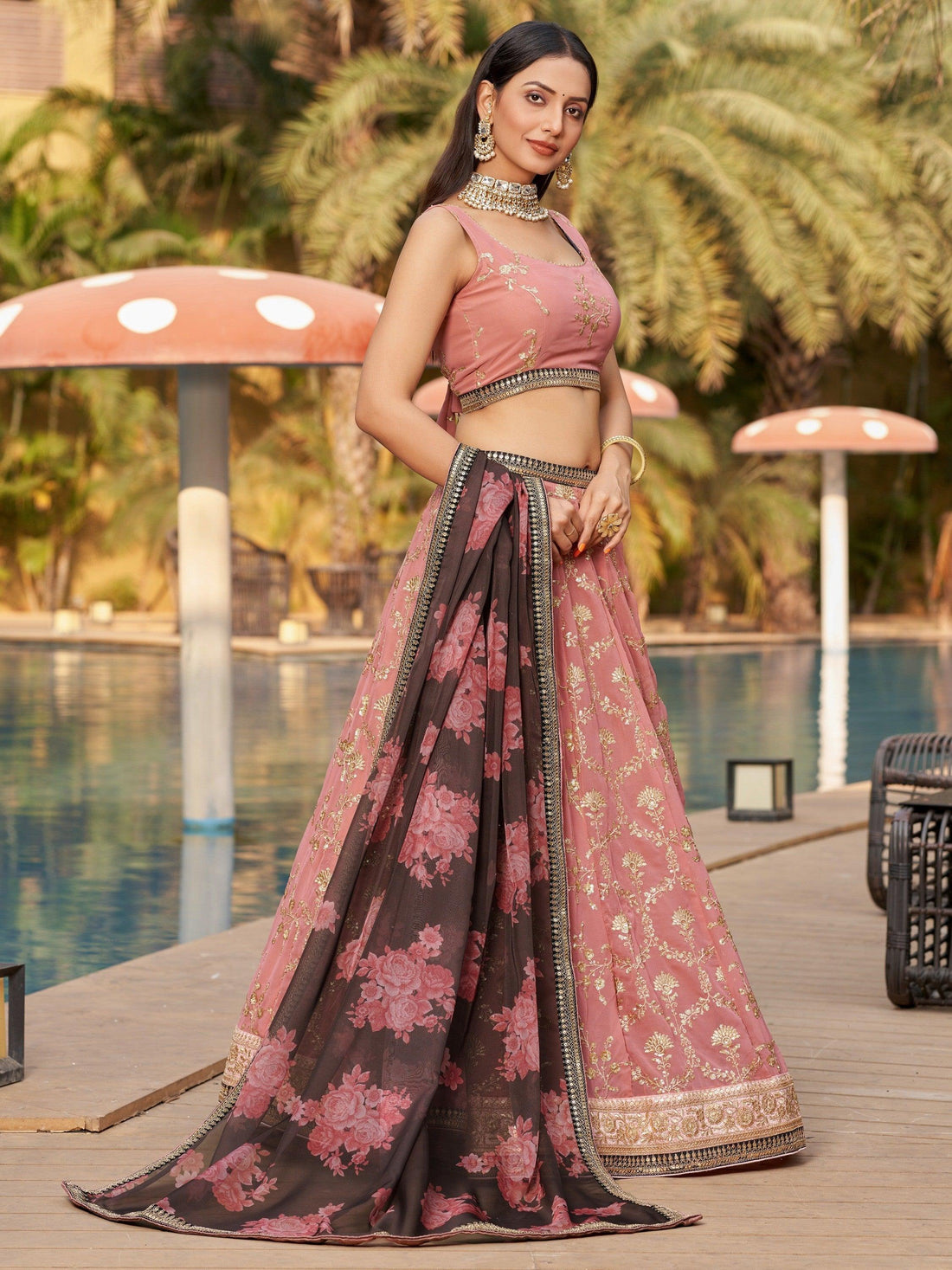 Amazing Pink Embroidered Georgette Wedding Wear Lehenga Choli