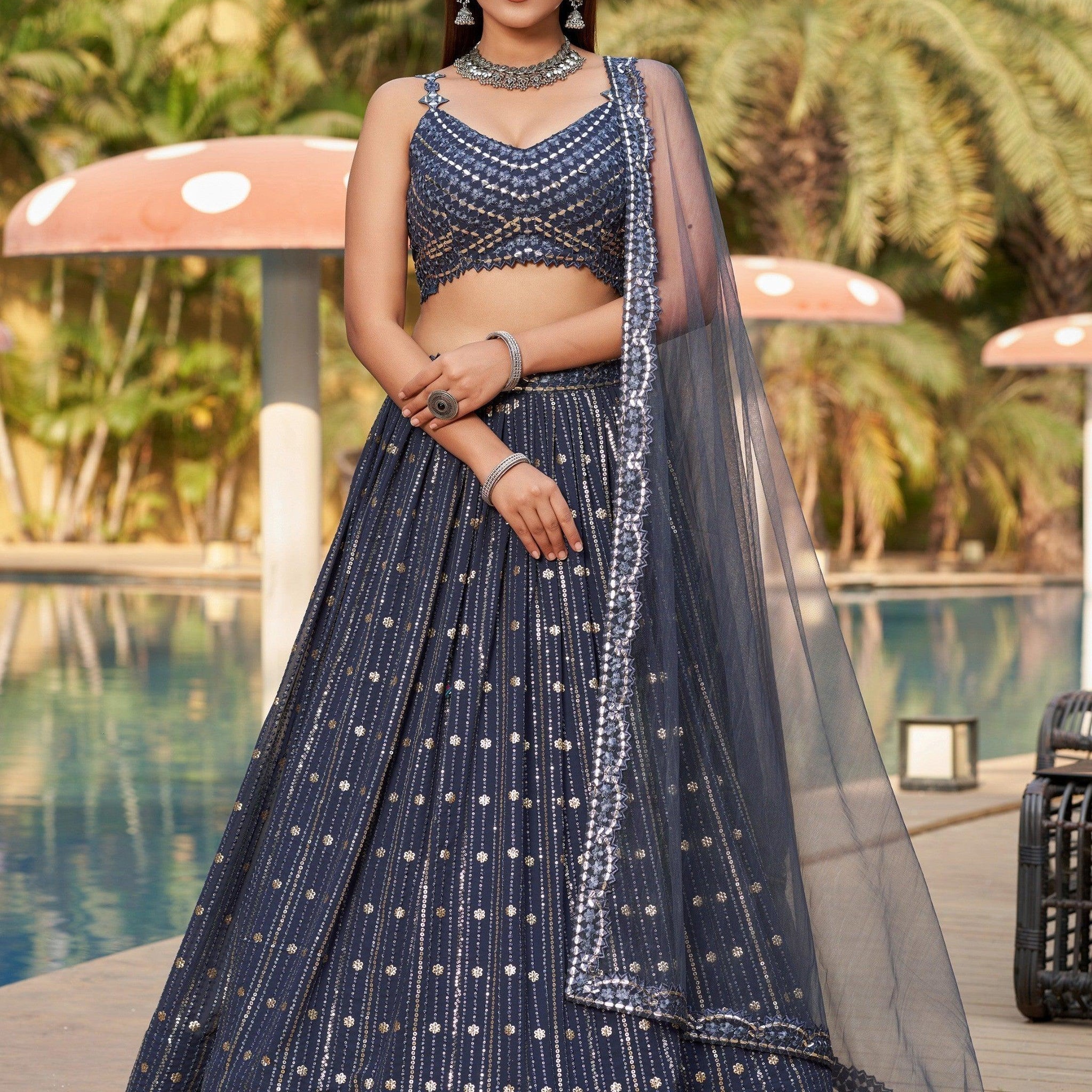 Captivating Grey Sequins Georgette Designer Lehenga Choli