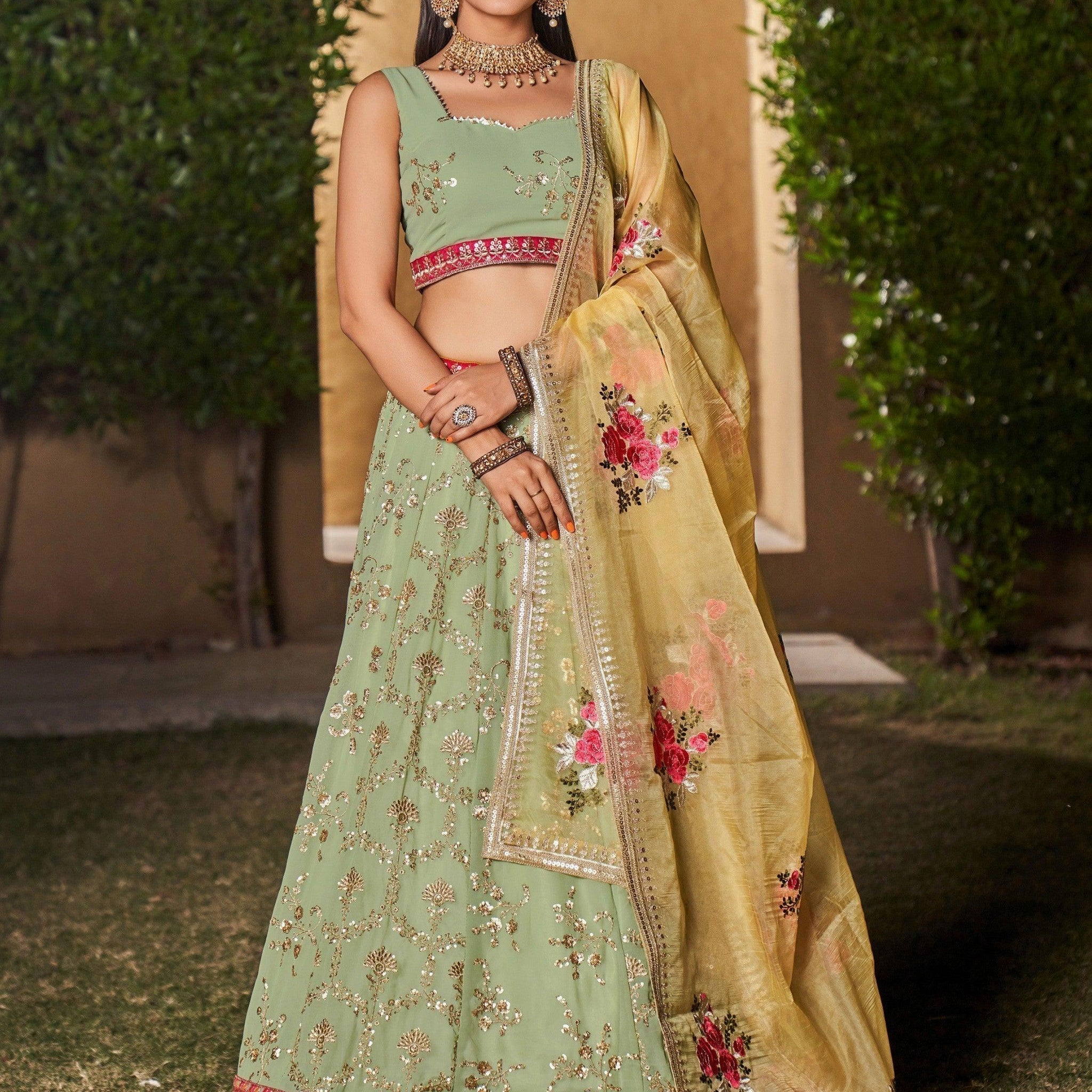 Attractive Pista Green Sequins Georgette Lehenga Choli With Dupatta