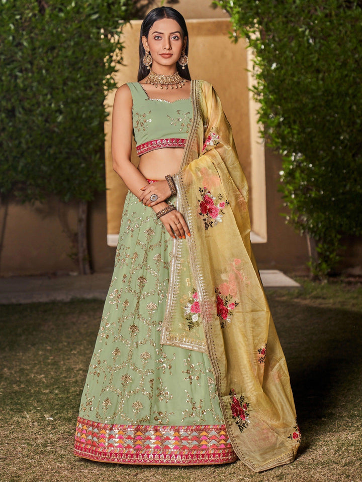Attractive Pista Green Sequins Georgette Lehenga Choli With Dupatta