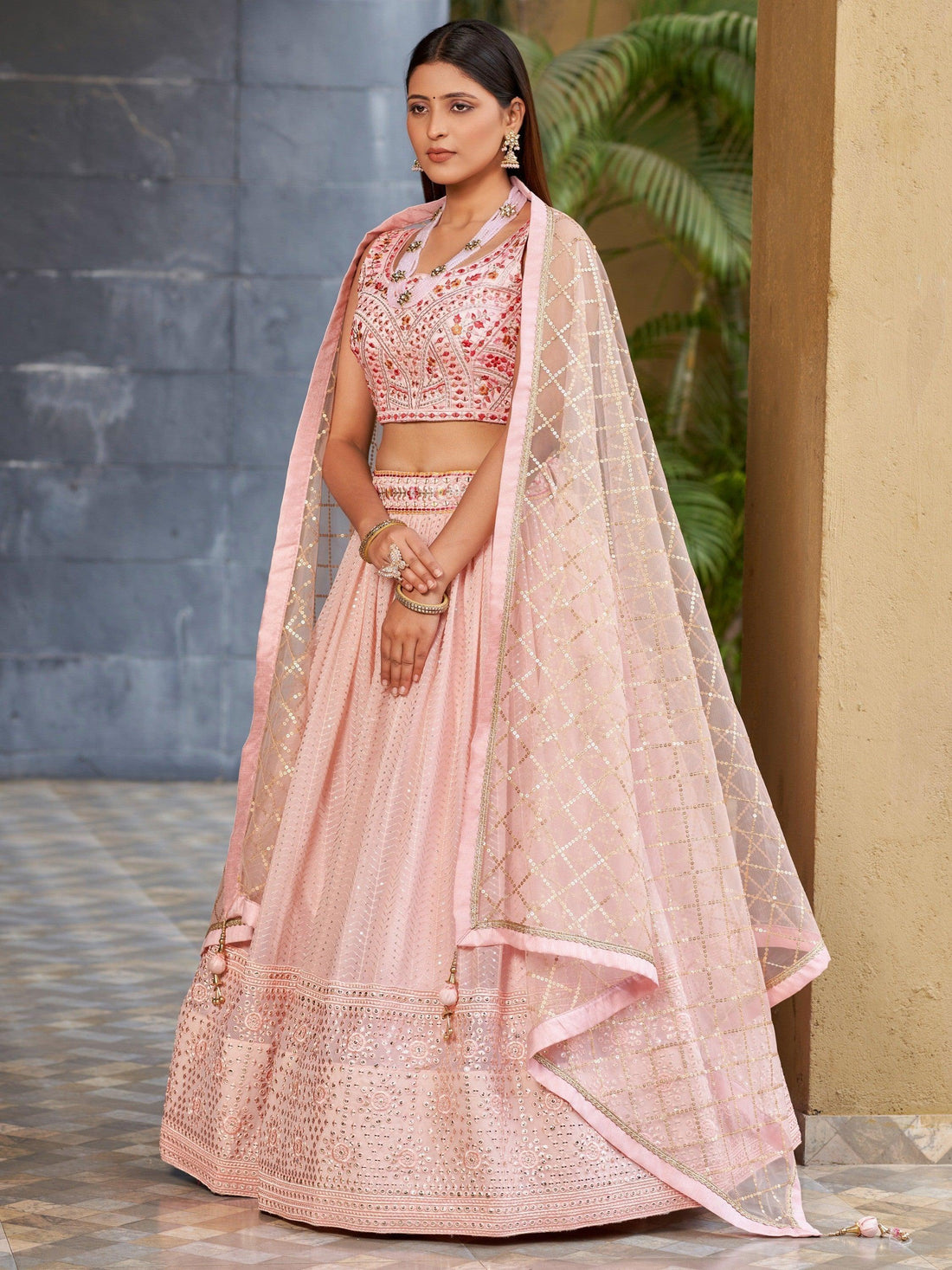 Charming Pink Sequins Georgette Lehenga Choli With Dupatta