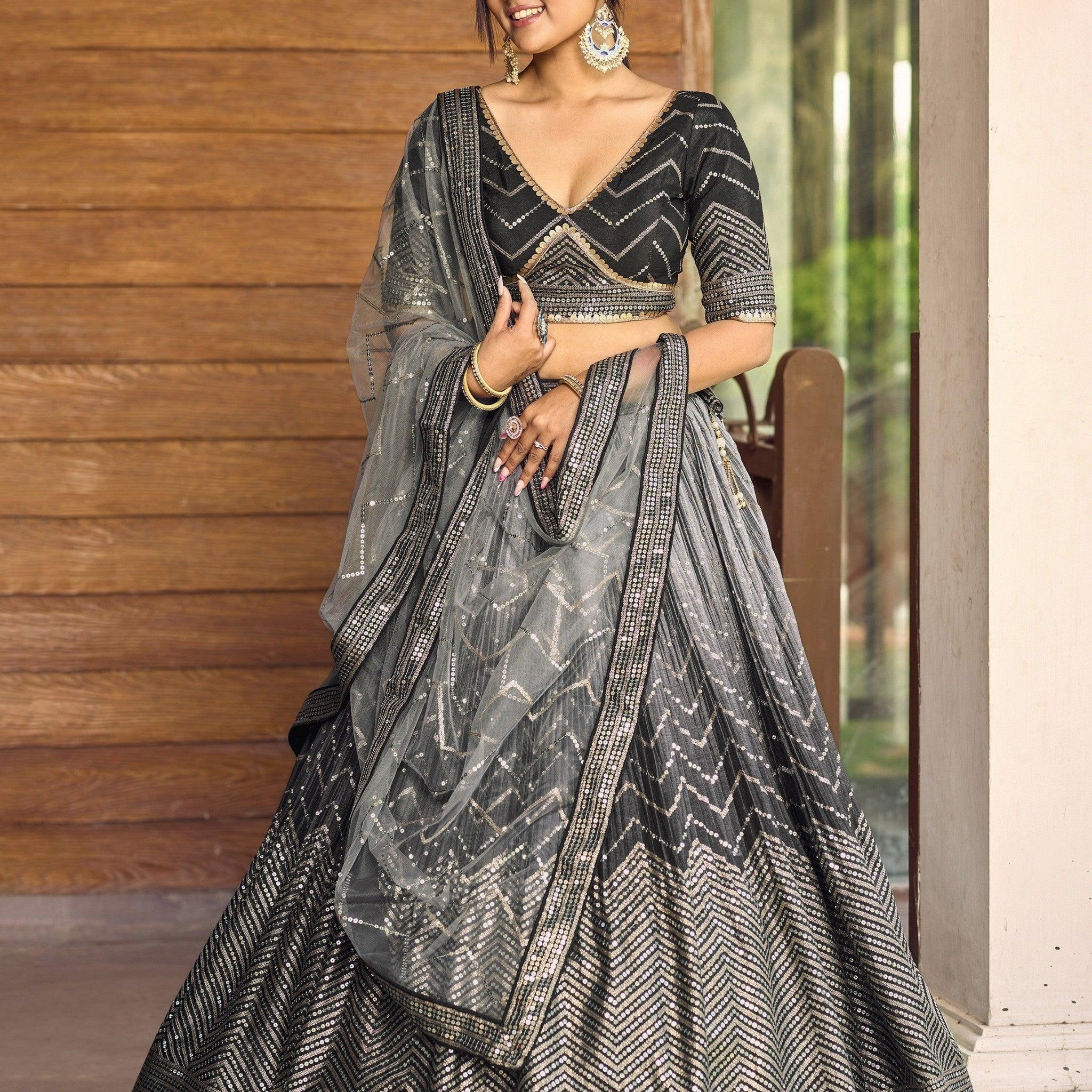 Superb Black Sequins Chinon Events Wear Lehenga Choli With Dupatta