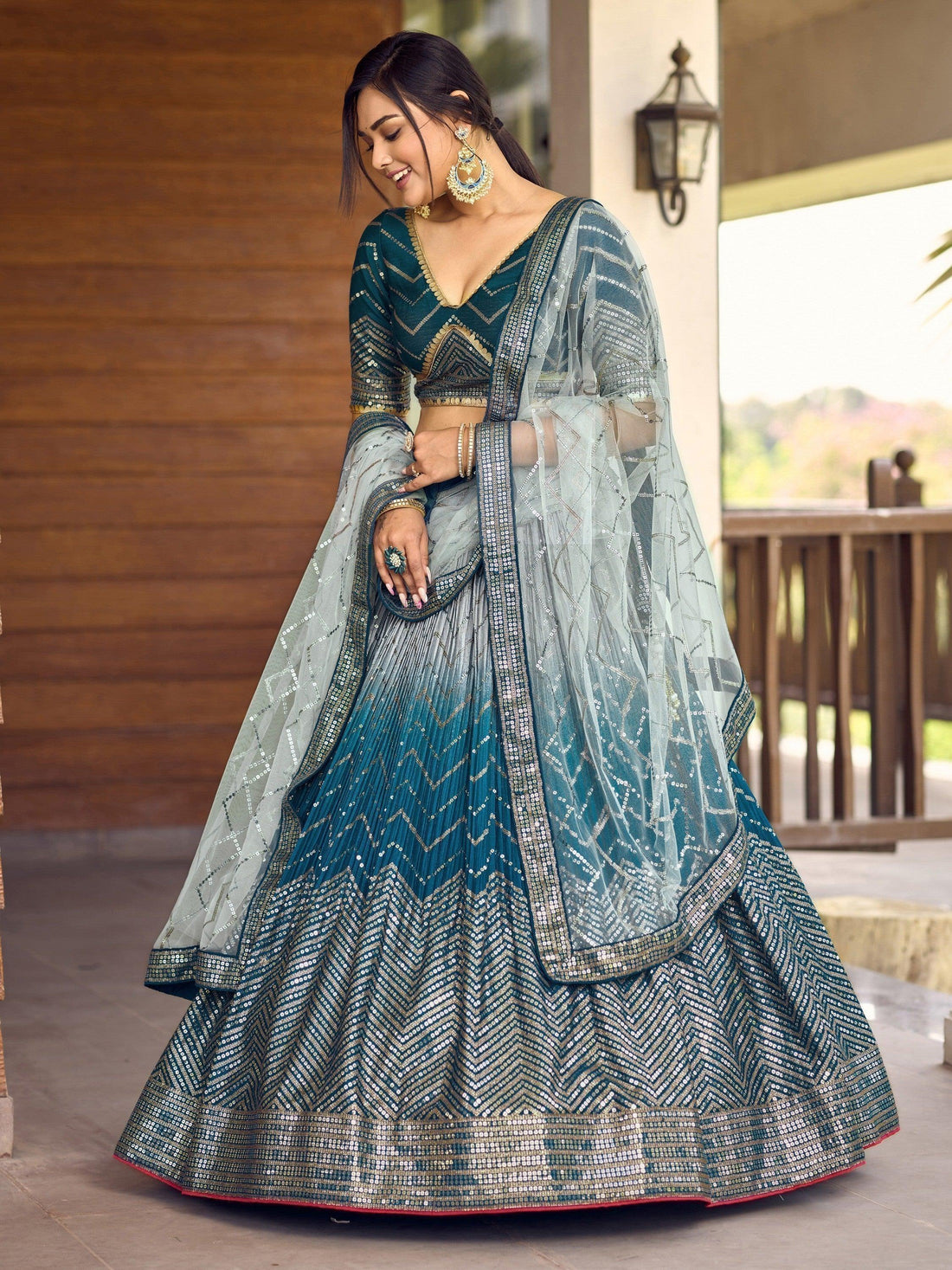 Awesome Teal Blue Sequins Chinon Sangeet Wear Lehenga Choli With Dupatta