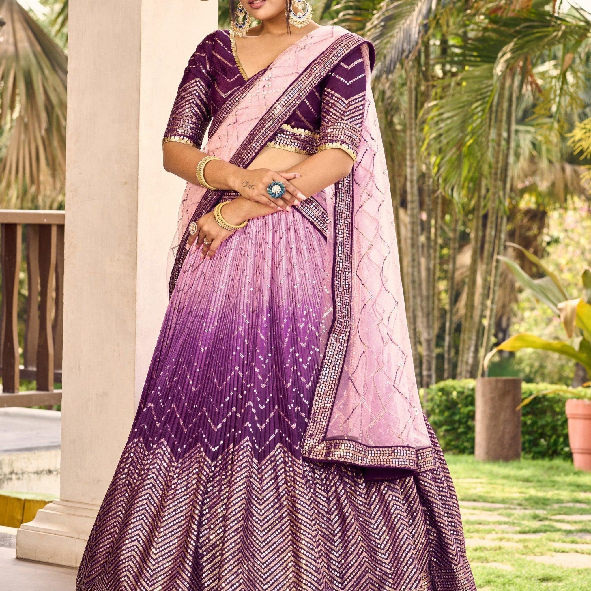 Fabulous Purple Sequins Chinon Traditional Lehenga Choli With Dupatta