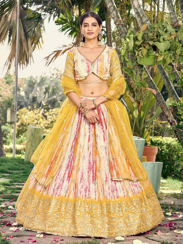 Fetching White & Yellow Digital Printed Chinon Haldi Wear Lehenga Choli