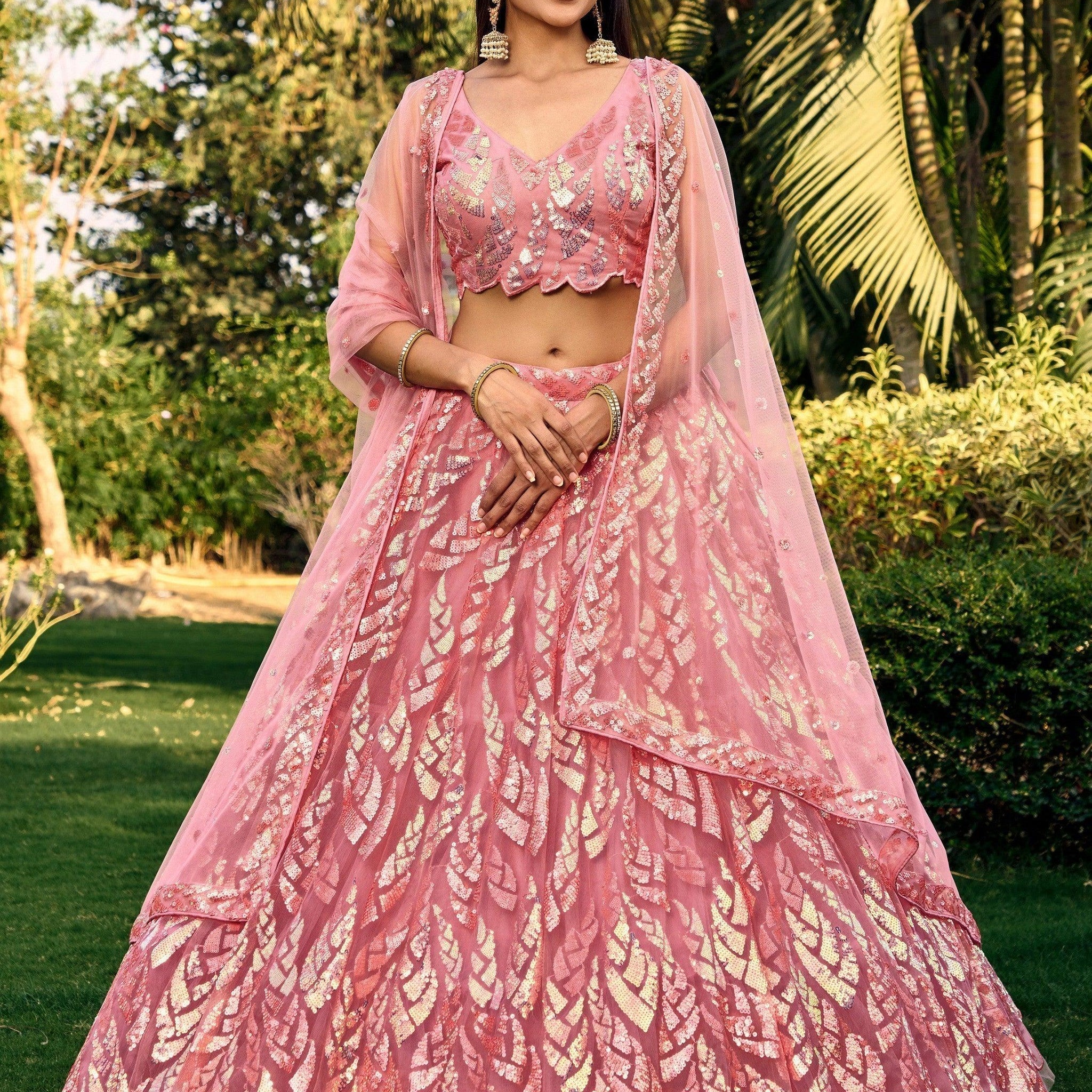 Awesome Pink Sequins Net Bridesmaid Lehenga Choli With Dupatta