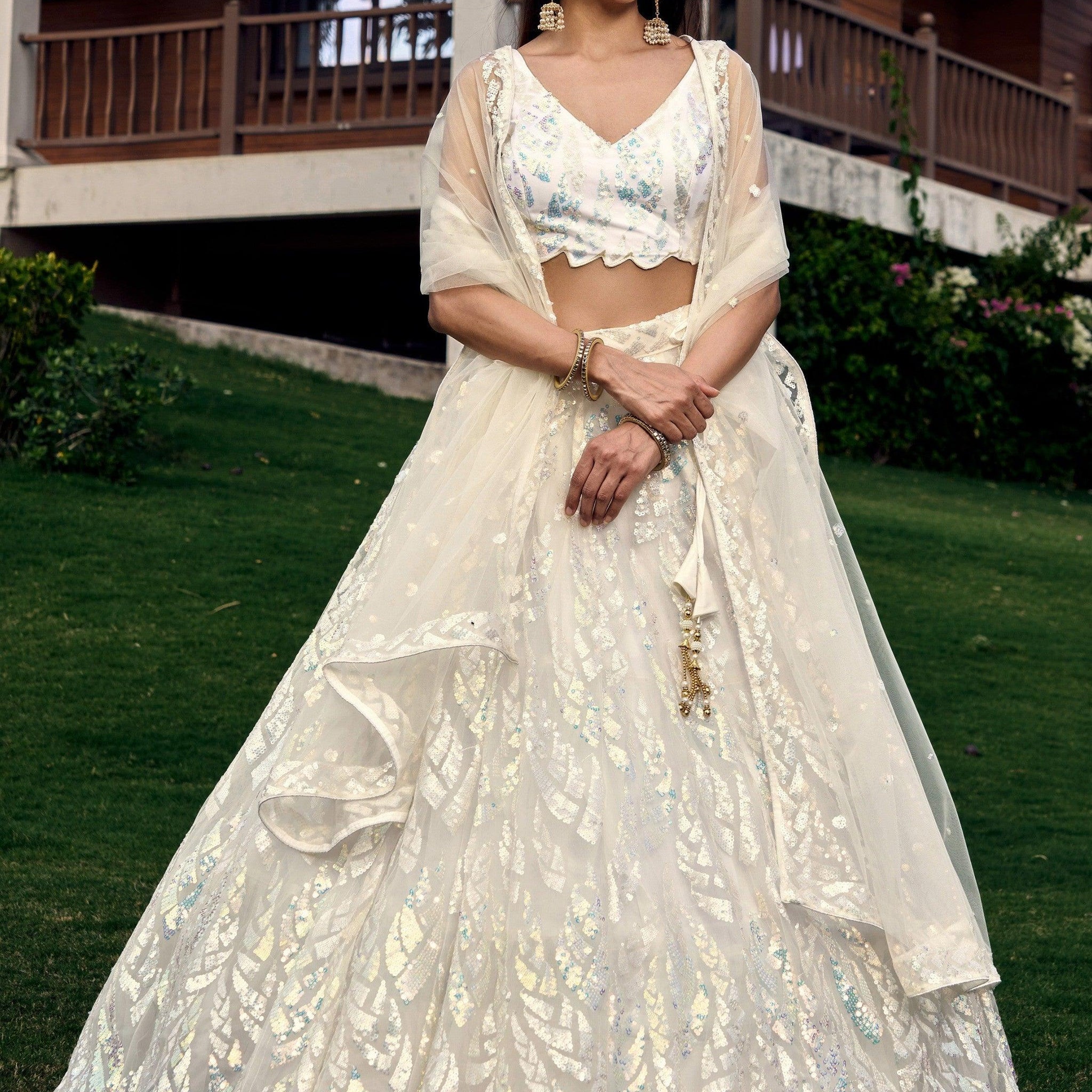 Fabulous Off-White Sequins Net Traditional Lehenga Choli With Dupatta