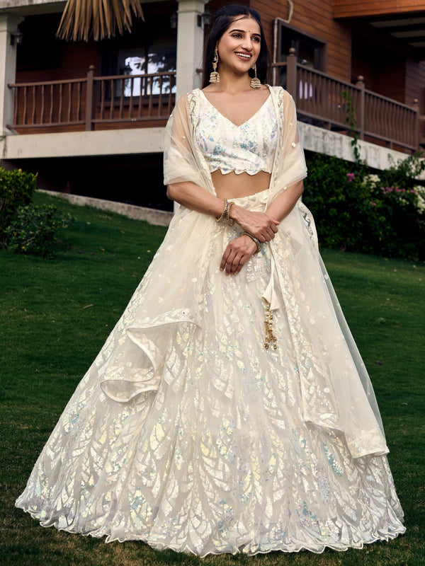 Fabulous Off-White Sequins Net Traditional Lehenga Choli With Dupatta