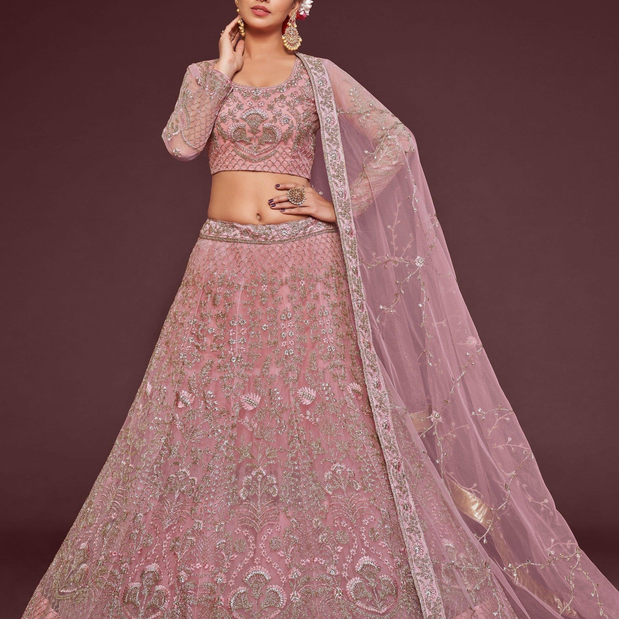 Appealing Pearl Pink Embroidered Soft Net Wedding Wear Lehenga Choli