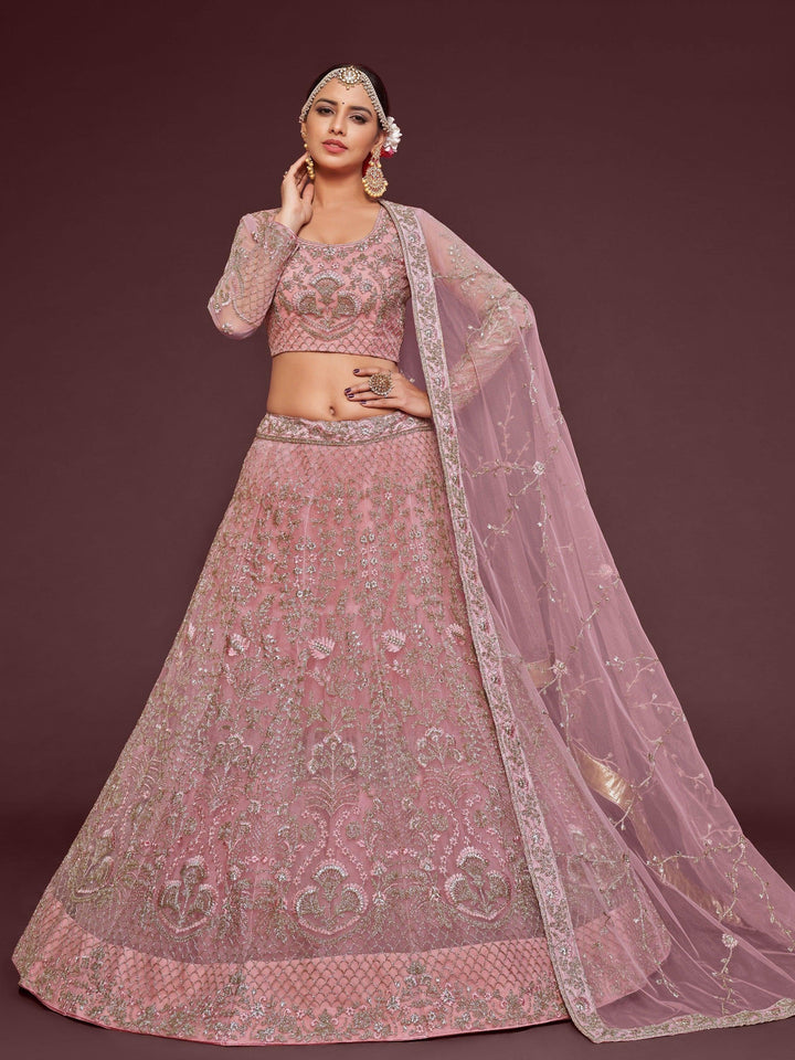 Appealing Pearl Pink Embroidered Soft Net Wedding Wear Lehenga Choli