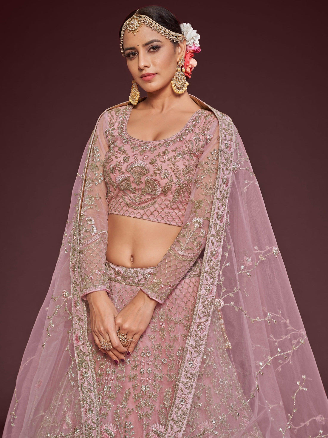 Appealing Pearl Pink Embroidered Soft Net Wedding Wear Lehenga Choli
