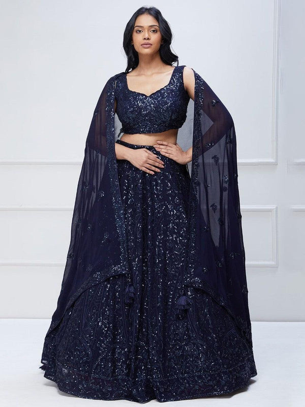 Lovely Navy Blue Sequins Georgette Engagement Wear Lehenga Choli